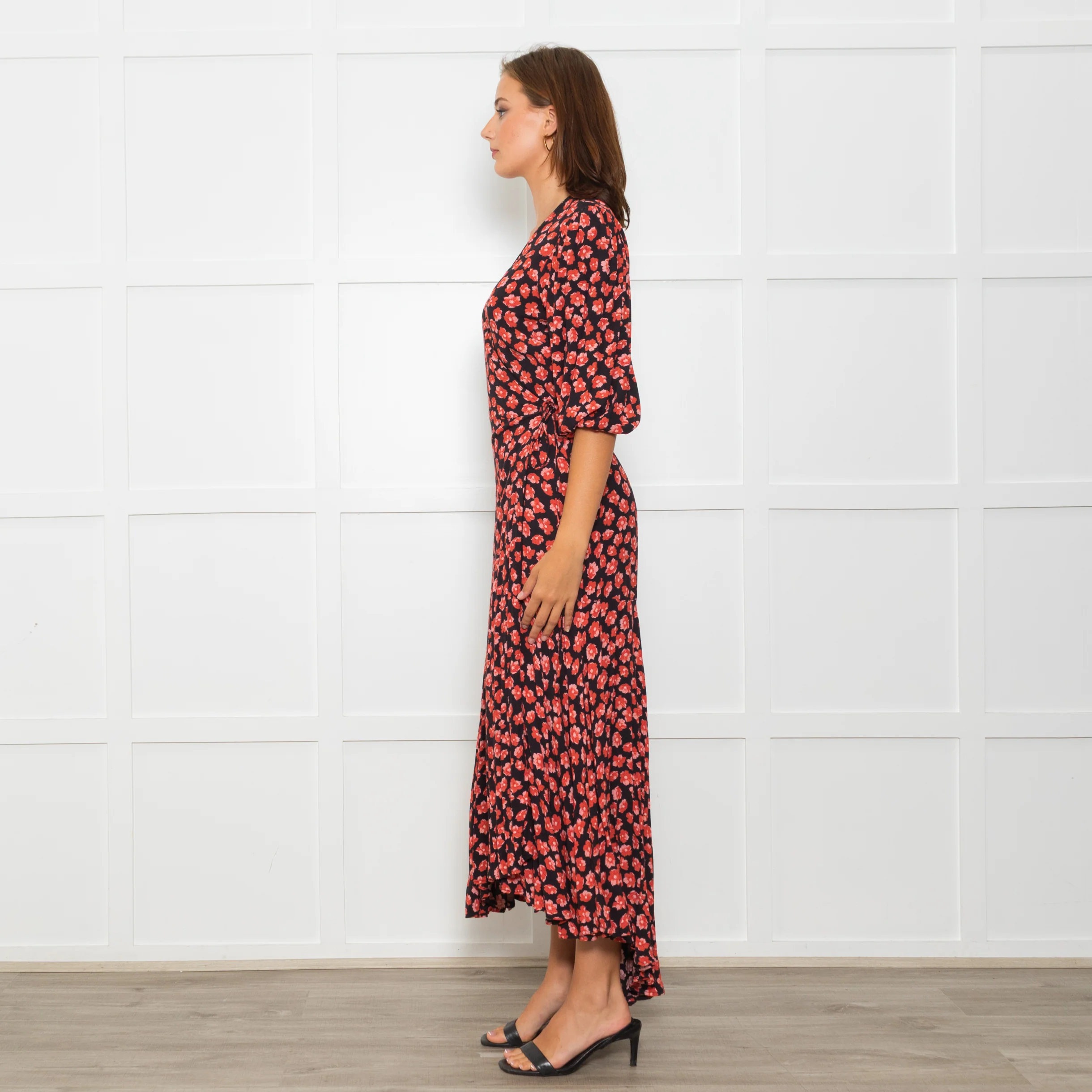 Ganni Black Maxi Long Sleeve Wrap Dress With Red Floral Print - Image 4