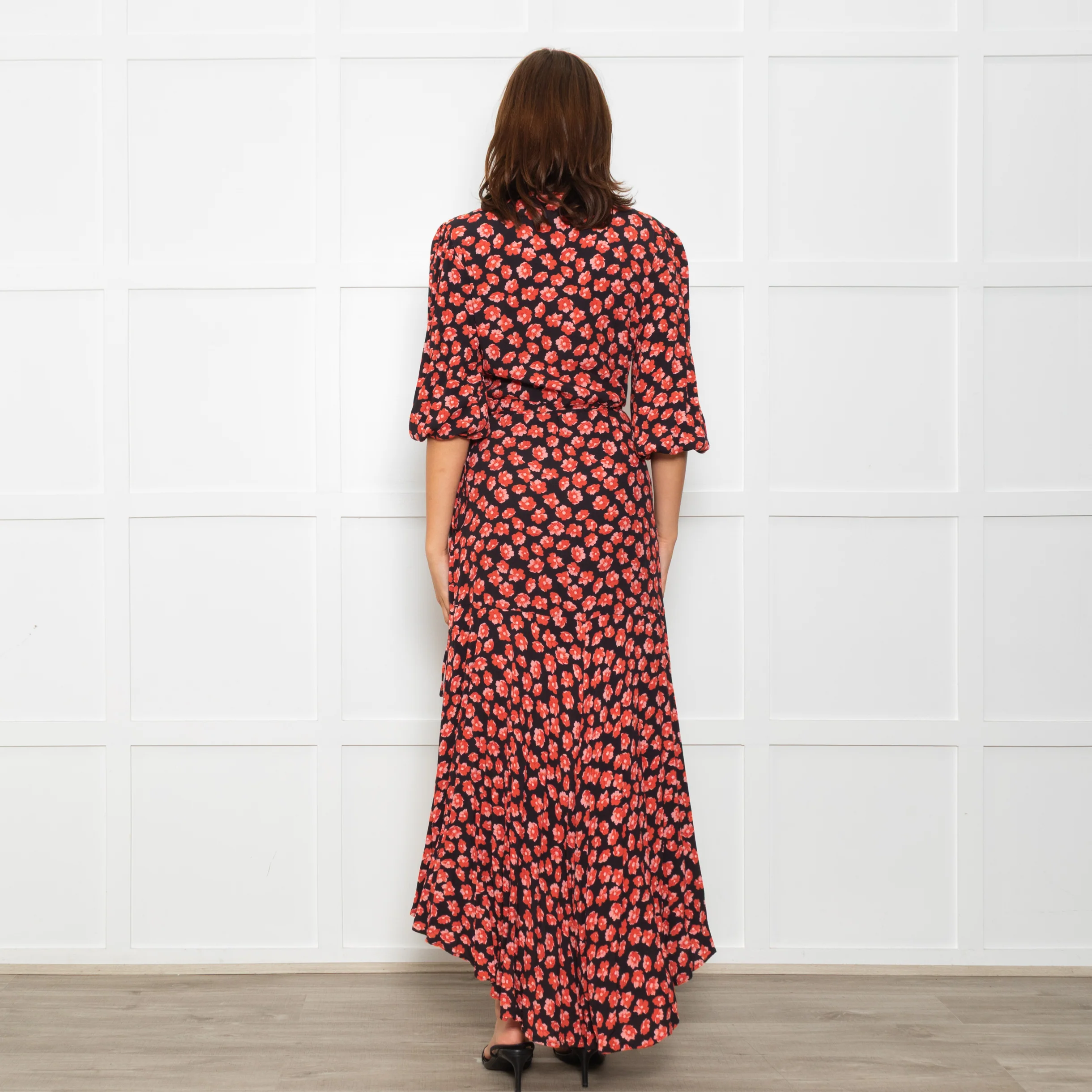 Ganni Black Maxi Long Sleeve Wrap Dress With Red Floral Print - Image 5
