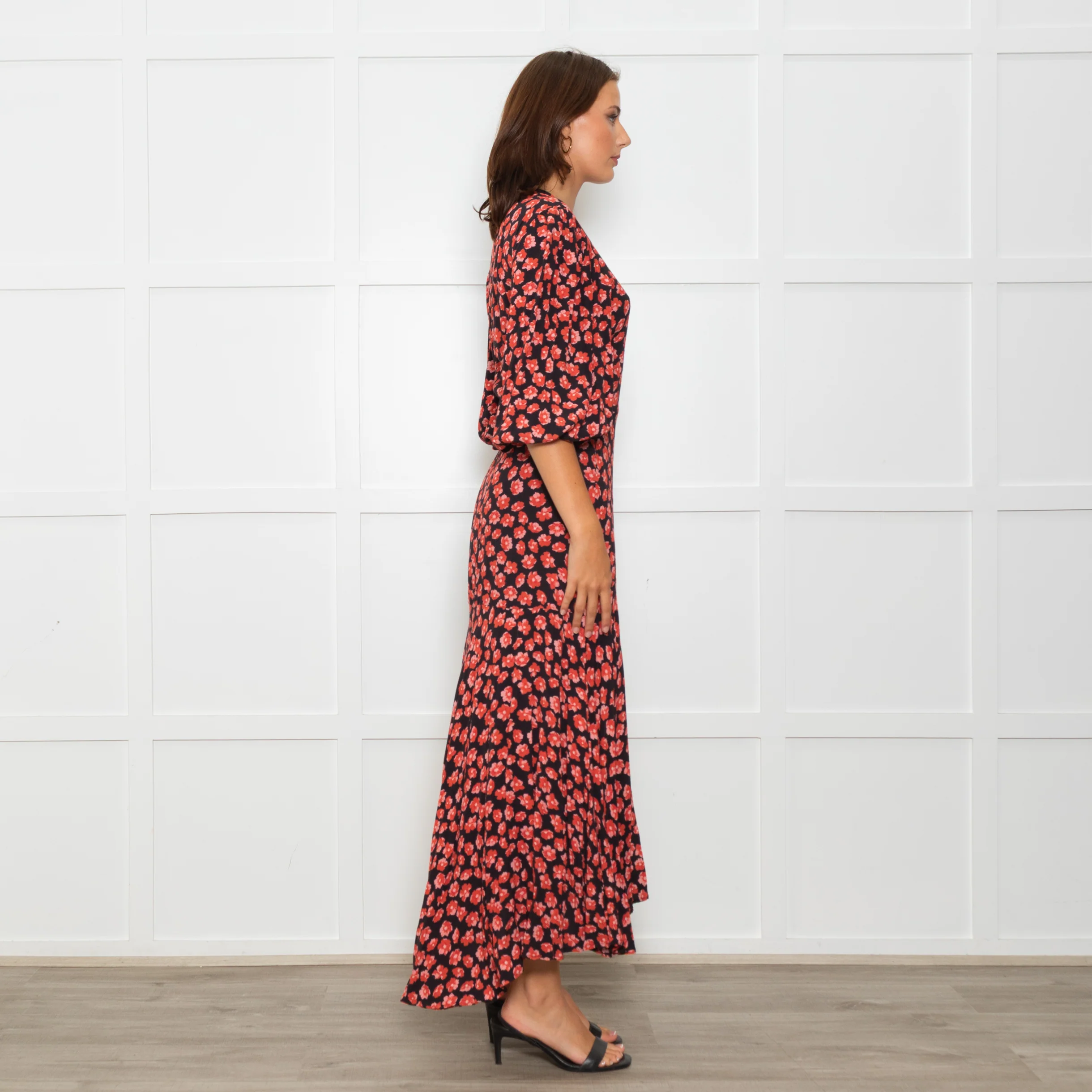 Ganni Black Maxi Long Sleeve Wrap Dress With Red Floral Print - Image 6
