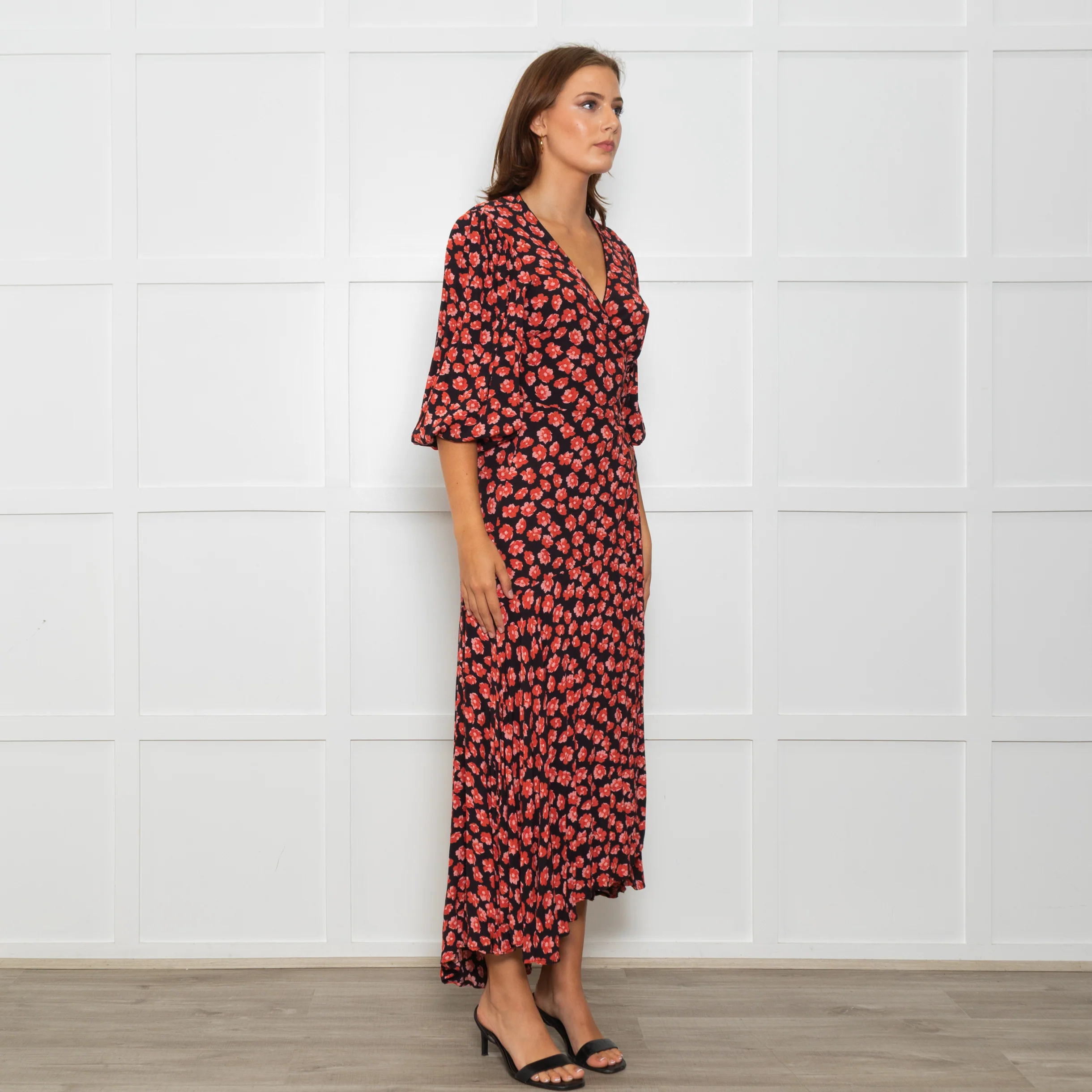 Ganni Black Maxi Long Sleeve Wrap Dress With Red Floral Print - Image 7