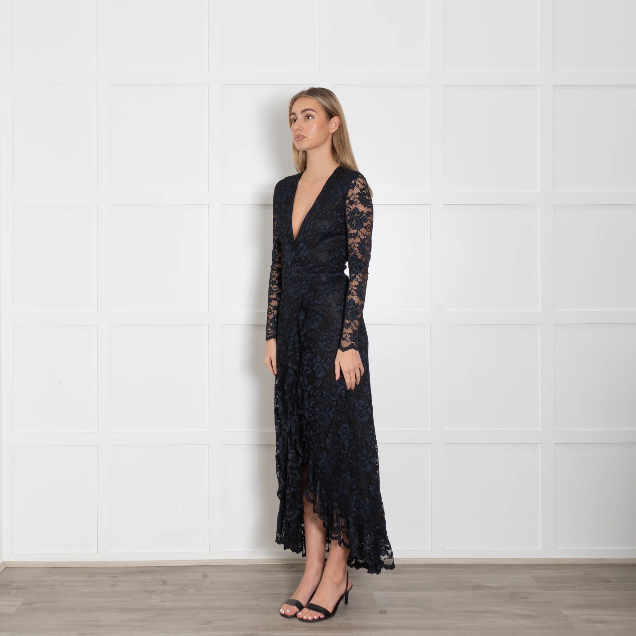 Ganni Black Navy Blue Lace Maxi Wrap Dress - Image 3