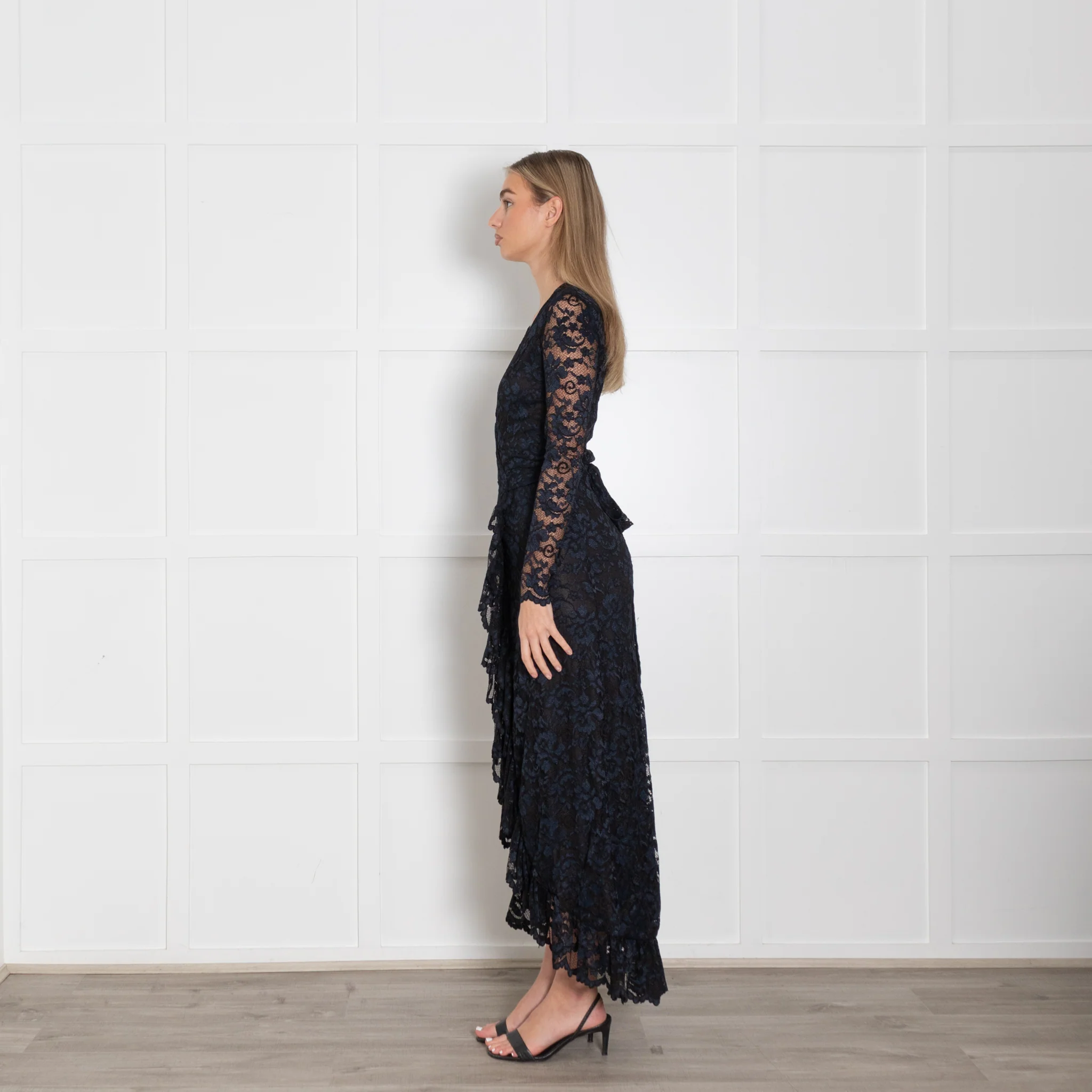 Ganni Black Navy Blue Lace Maxi Wrap Dress - Image 4