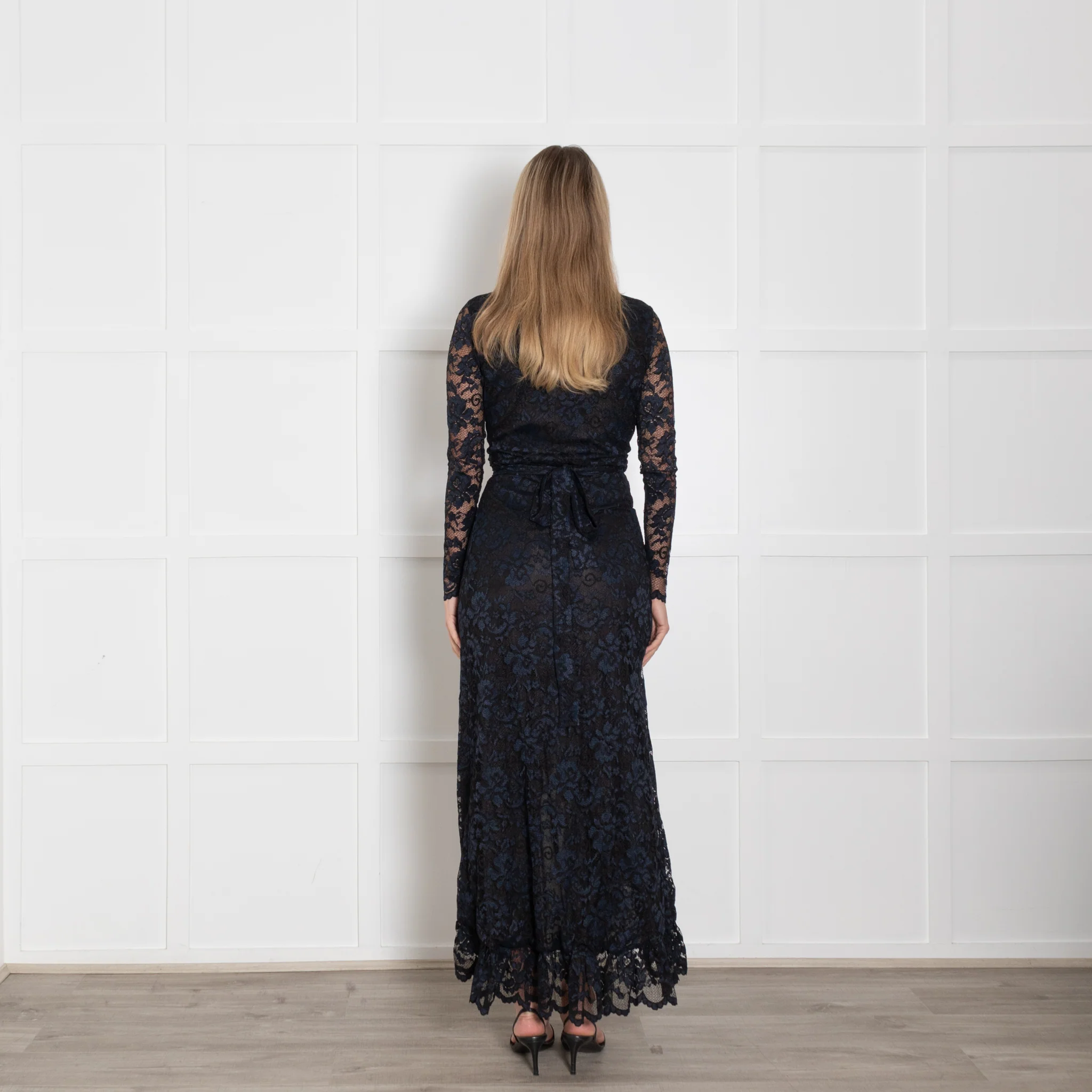 Ganni Black Navy Blue Lace Maxi Wrap Dress - Image 5