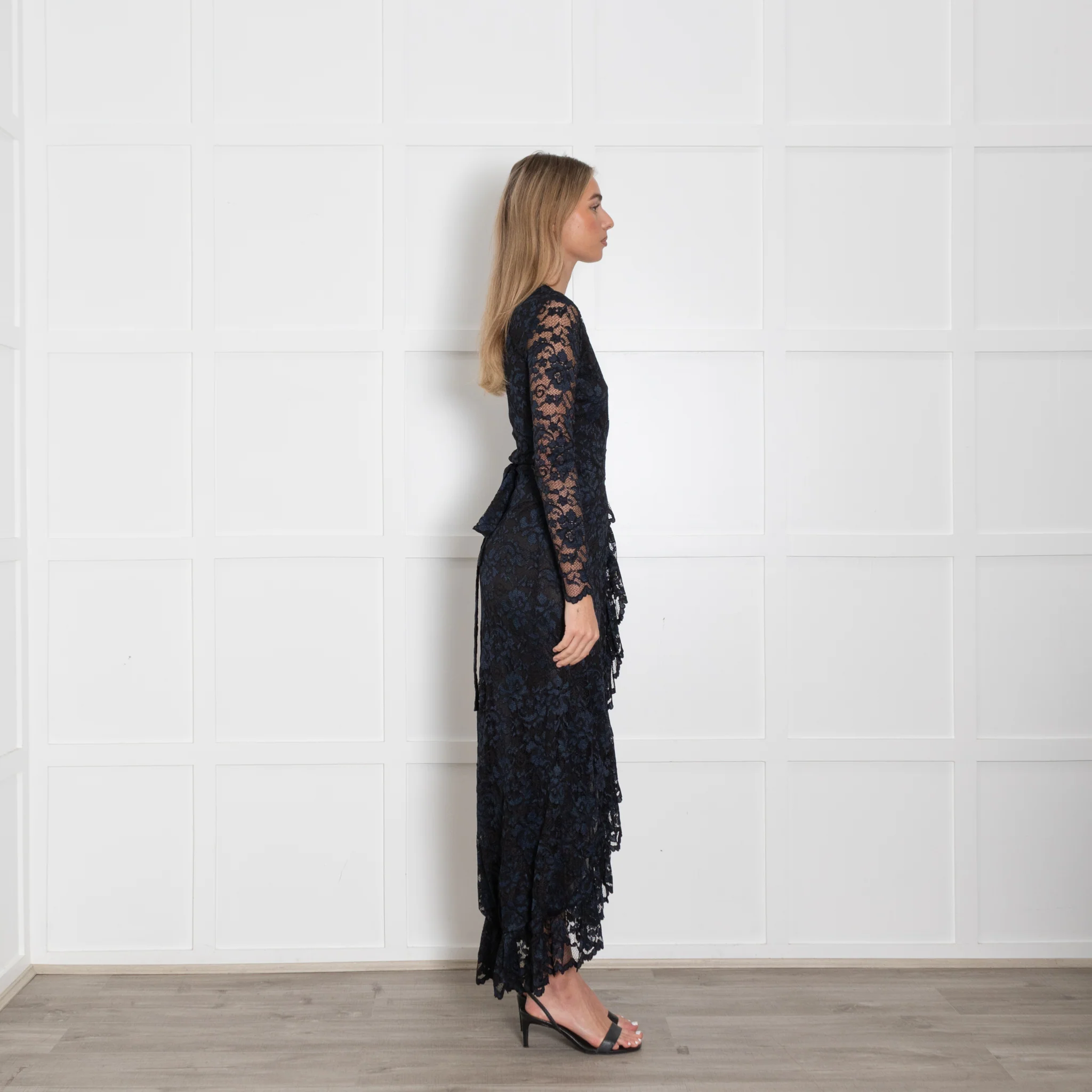 Ganni Black Navy Blue Lace Maxi Wrap Dress - Image 6