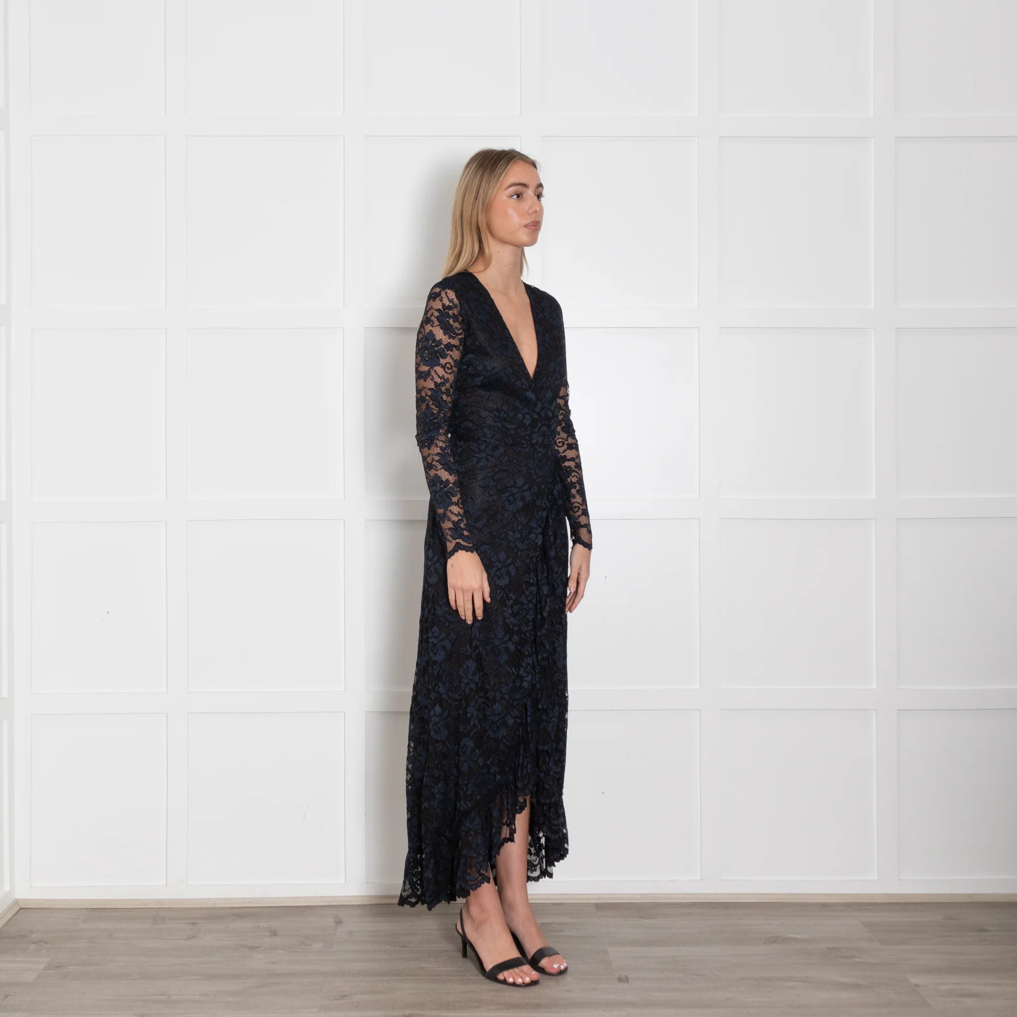 Ganni Black Navy Blue Lace Maxi Wrap Dress - Image 7