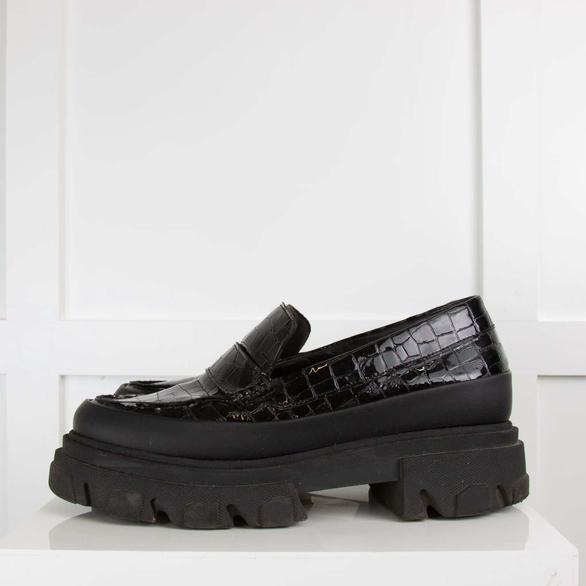 Ganni Black Patent Mock Croc Chunky Loafers - Image 3