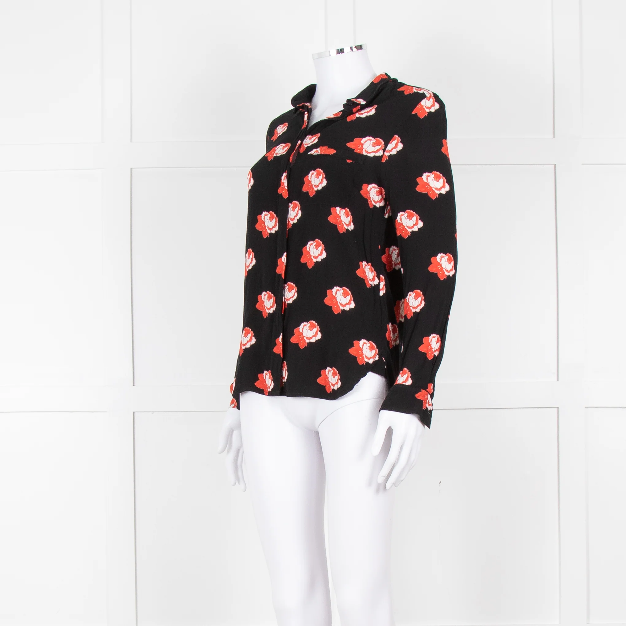 Ganni Black Red White Rose Print Blouse - Image 8