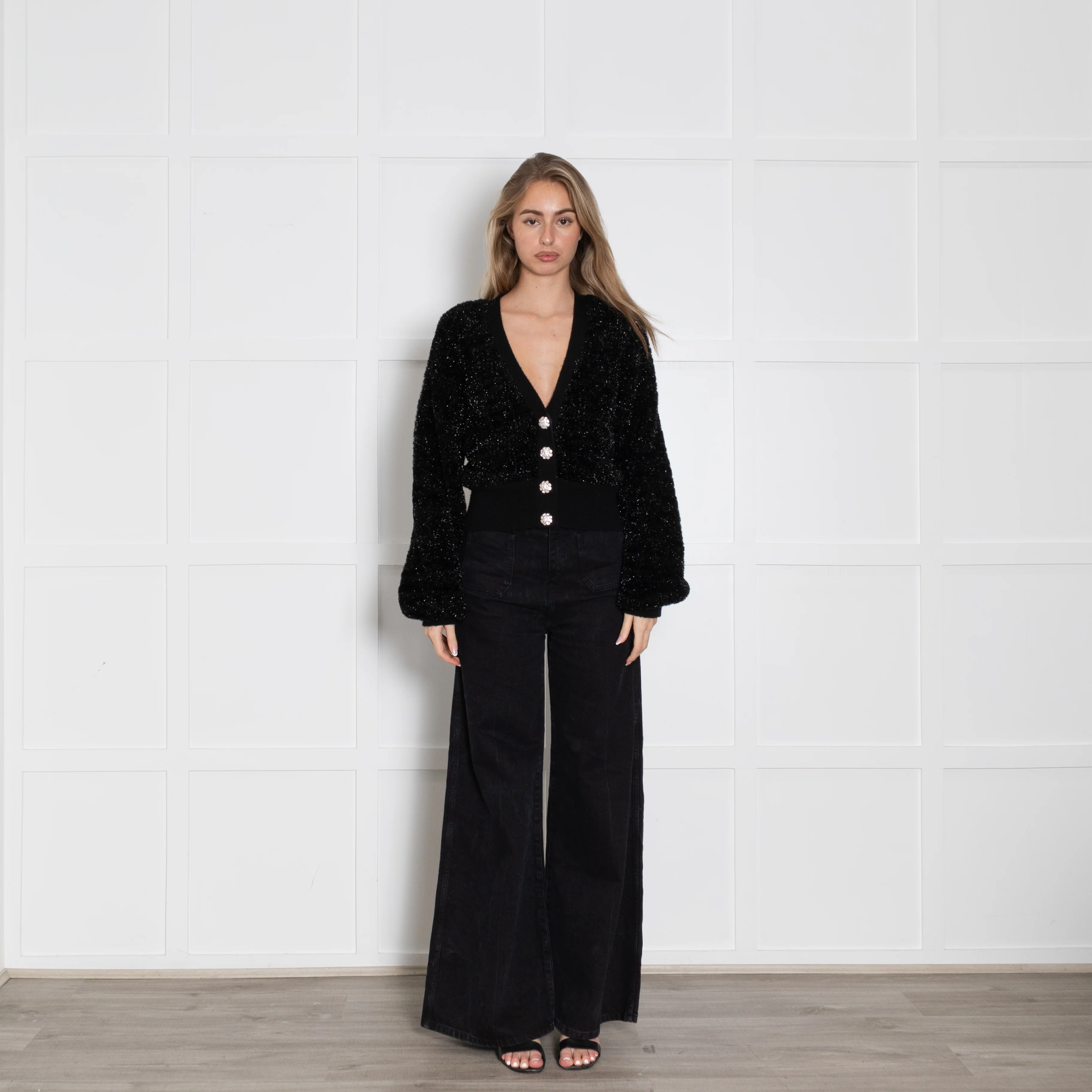 Ganni Black Sparkle Cardigan With Crystal Buttons