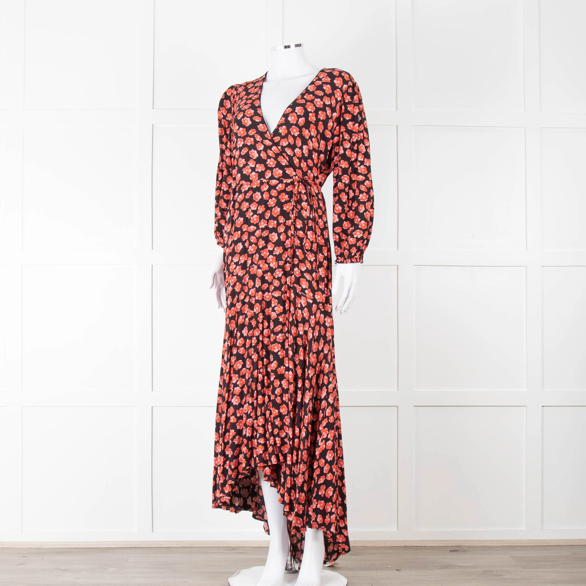 Ganni Black With Red Poppy Crepe Wrap Dress - Image 2