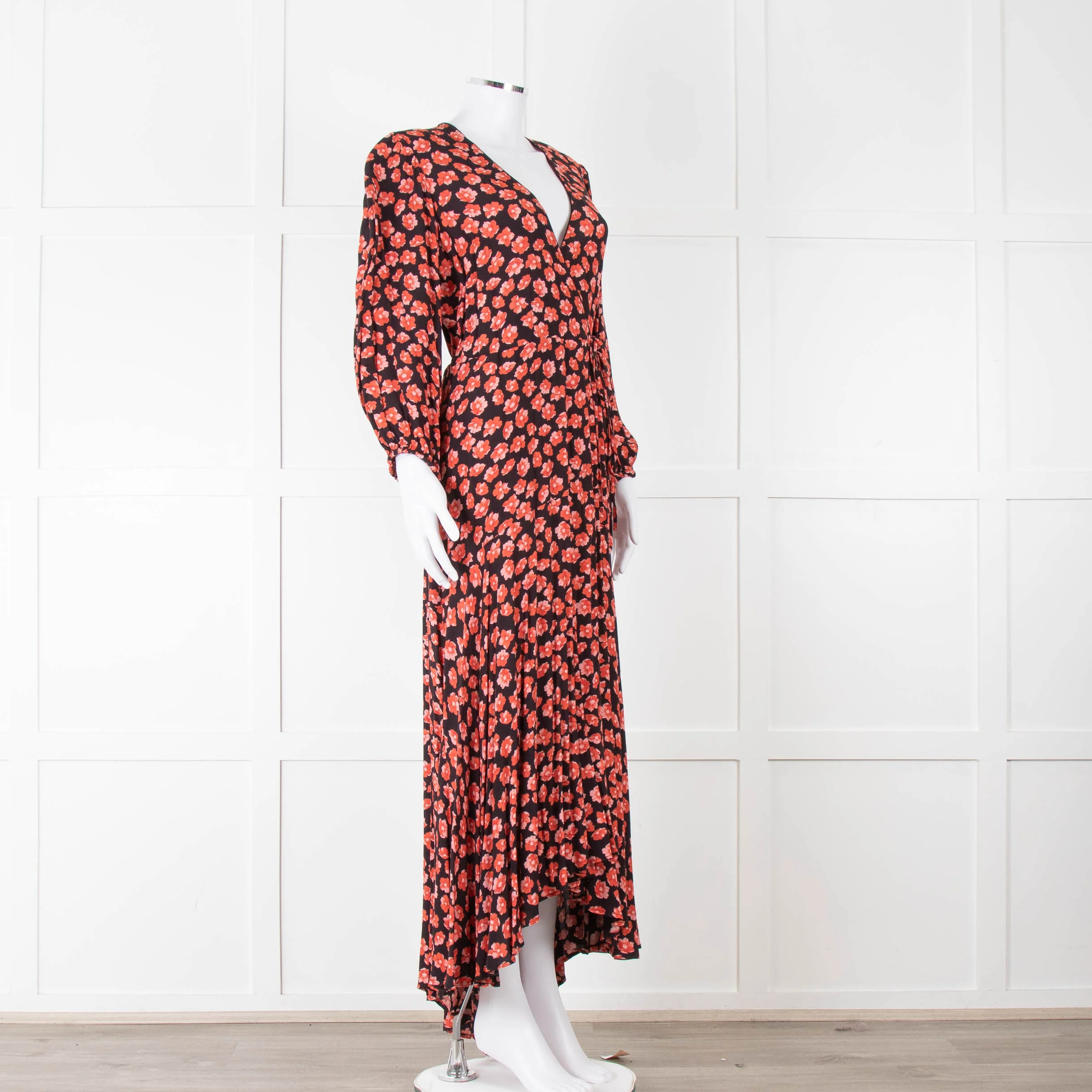 Ganni Black With Red Poppy Crepe Wrap Dress - Image 3