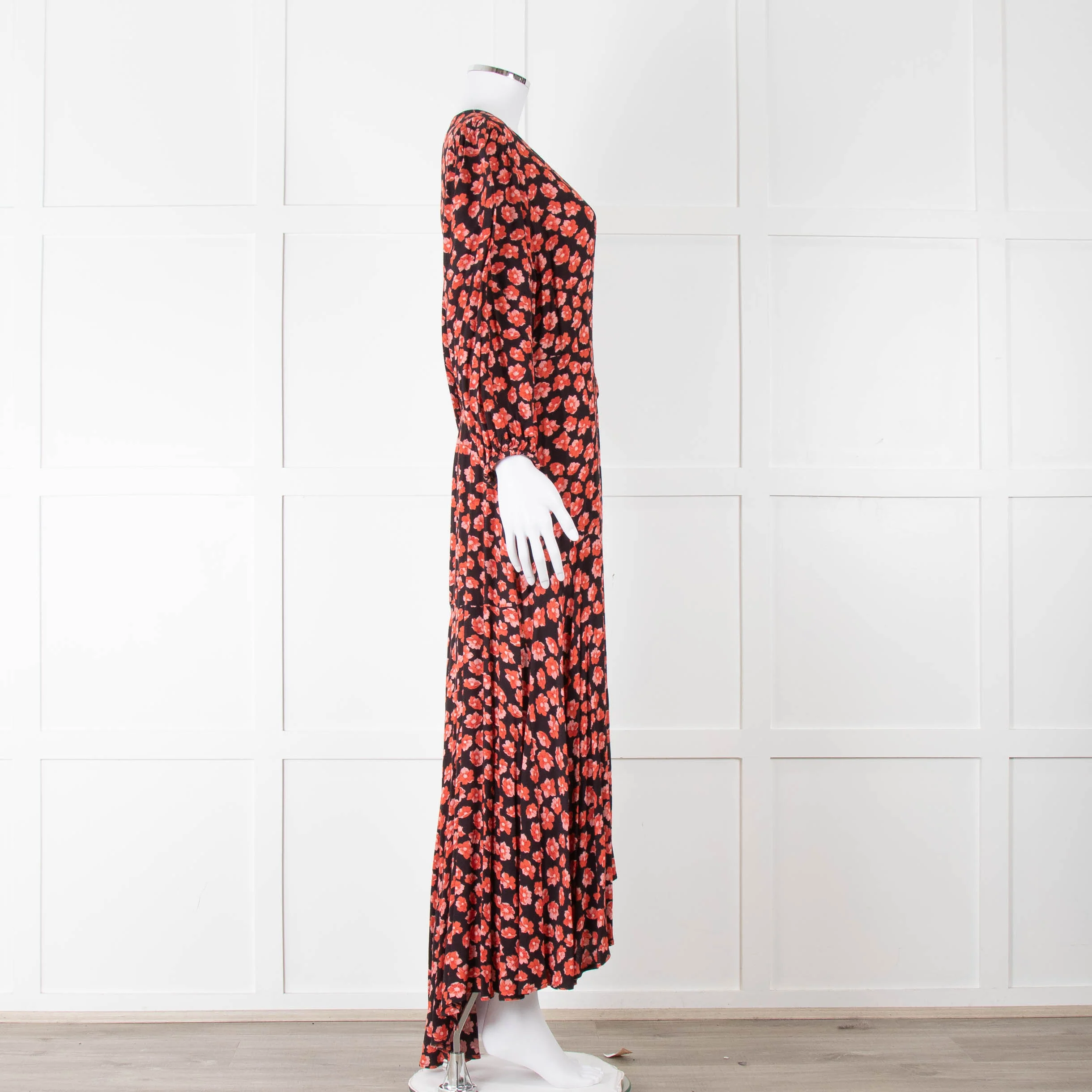 Ganni Black With Red Poppy Crepe Wrap Dress - Image 4