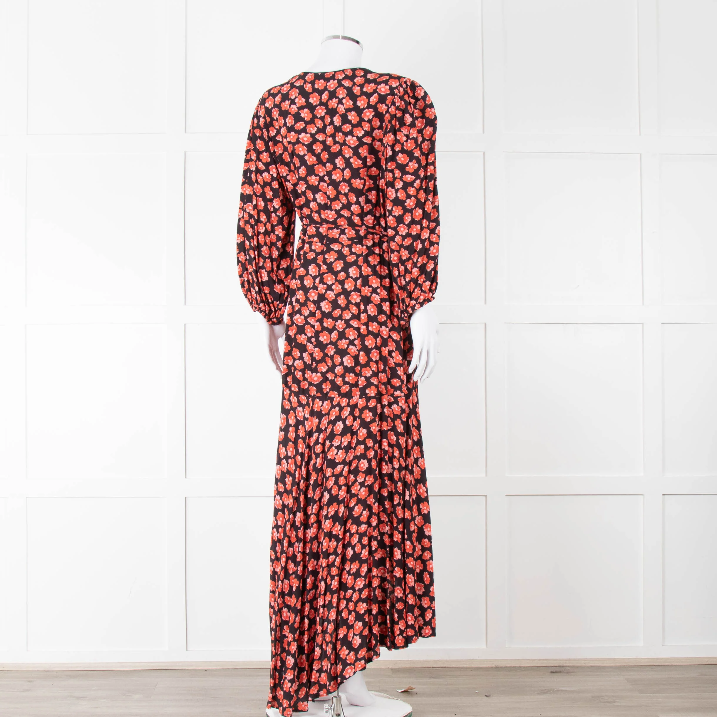 Ganni Black With Red Poppy Crepe Wrap Dress - Image 5