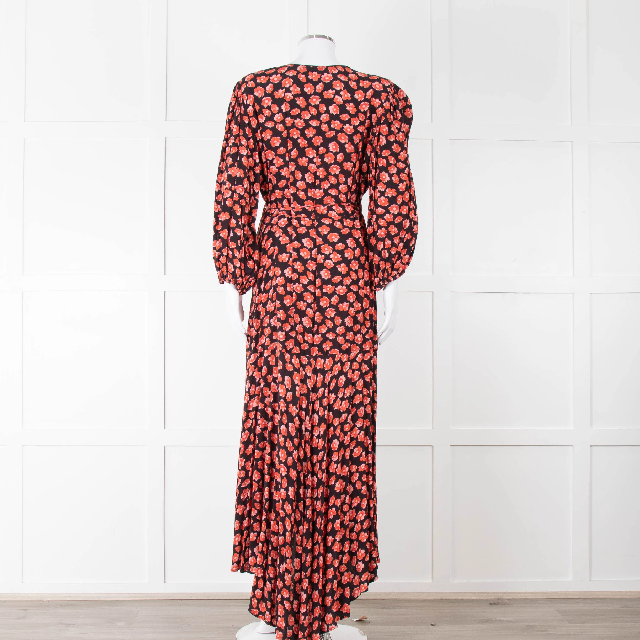 Ganni Black With Red Poppy Crepe Wrap Dress - Image 6