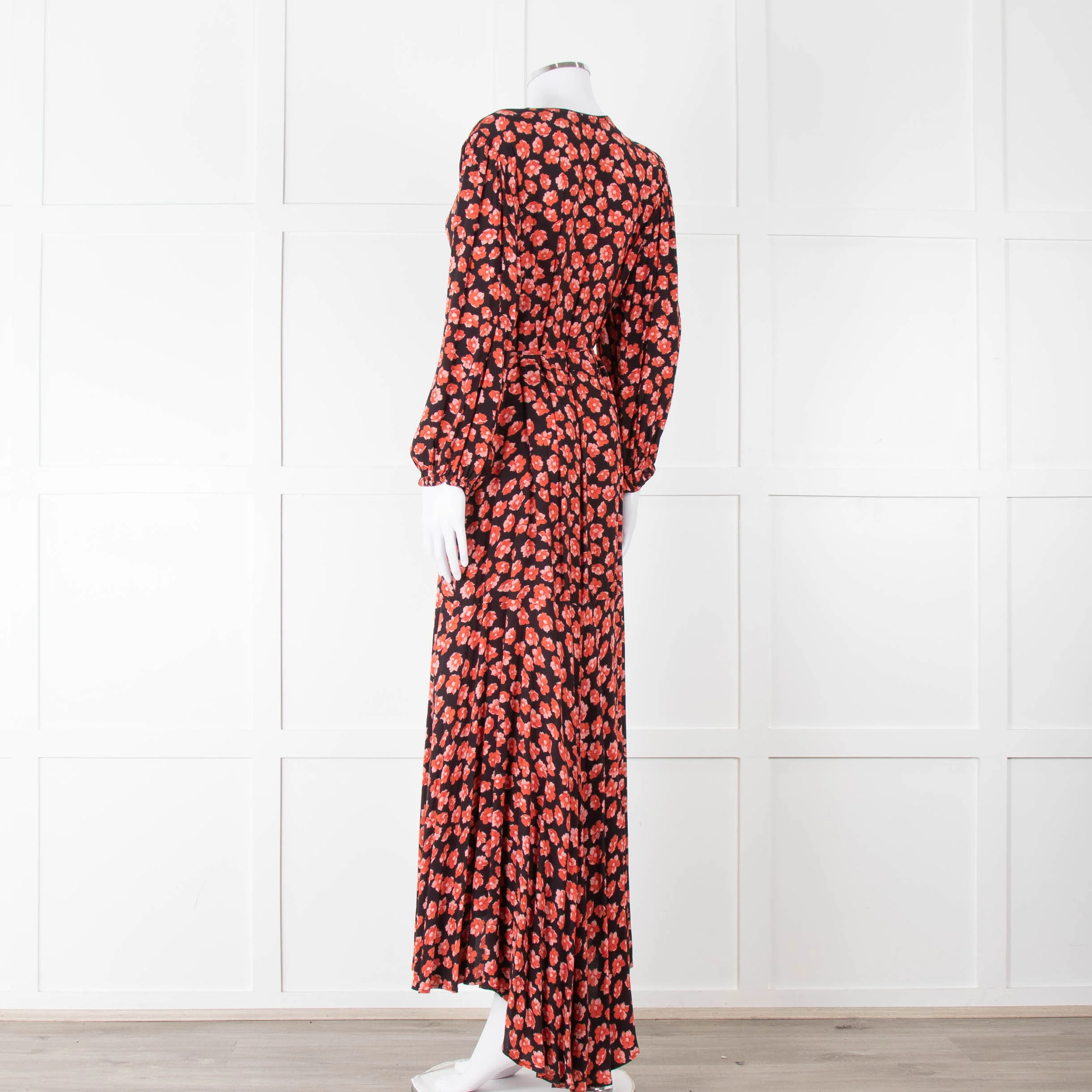 Ganni Black With Red Poppy Crepe Wrap Dress - Image 7