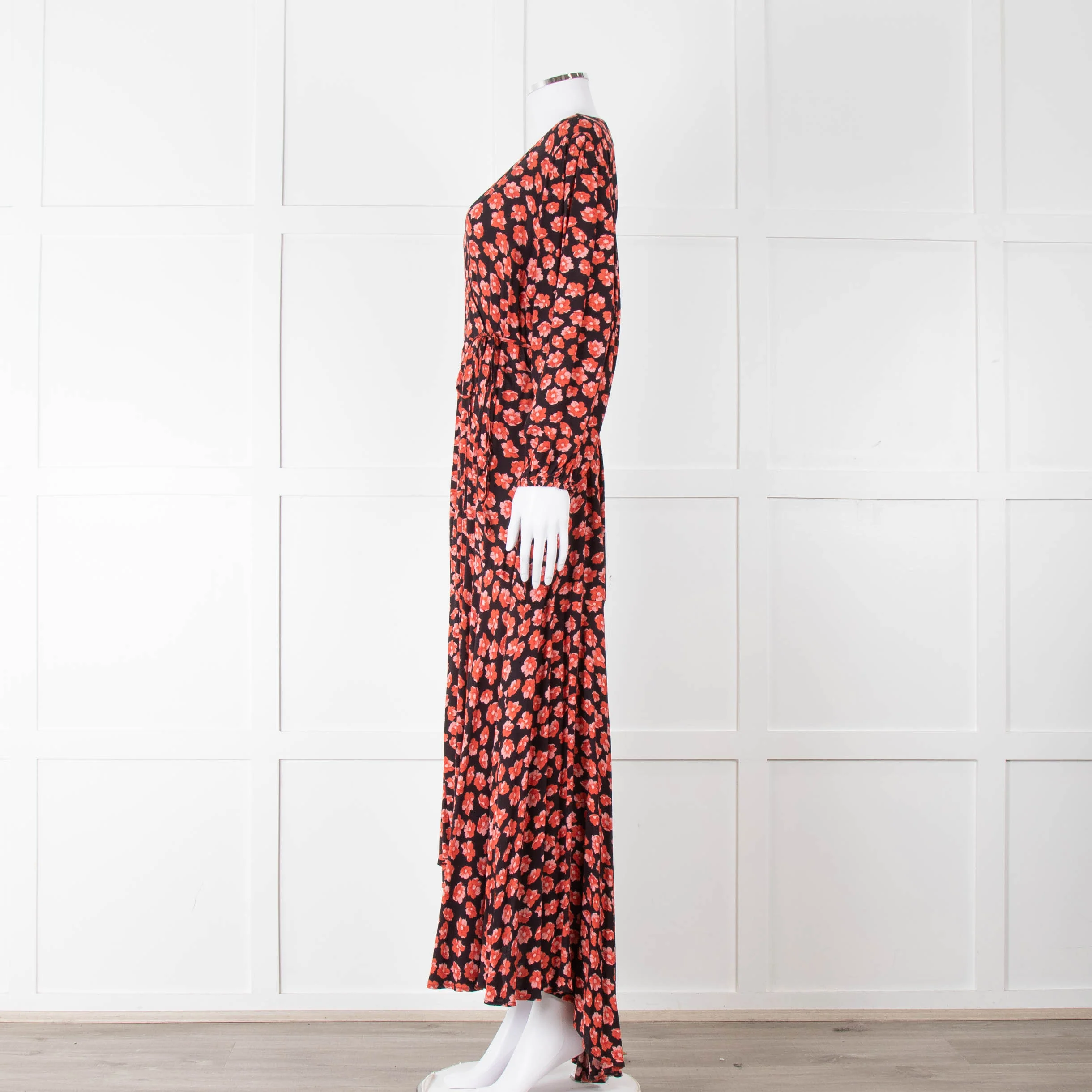 Ganni Black With Red Poppy Crepe Wrap Dress - Image 8