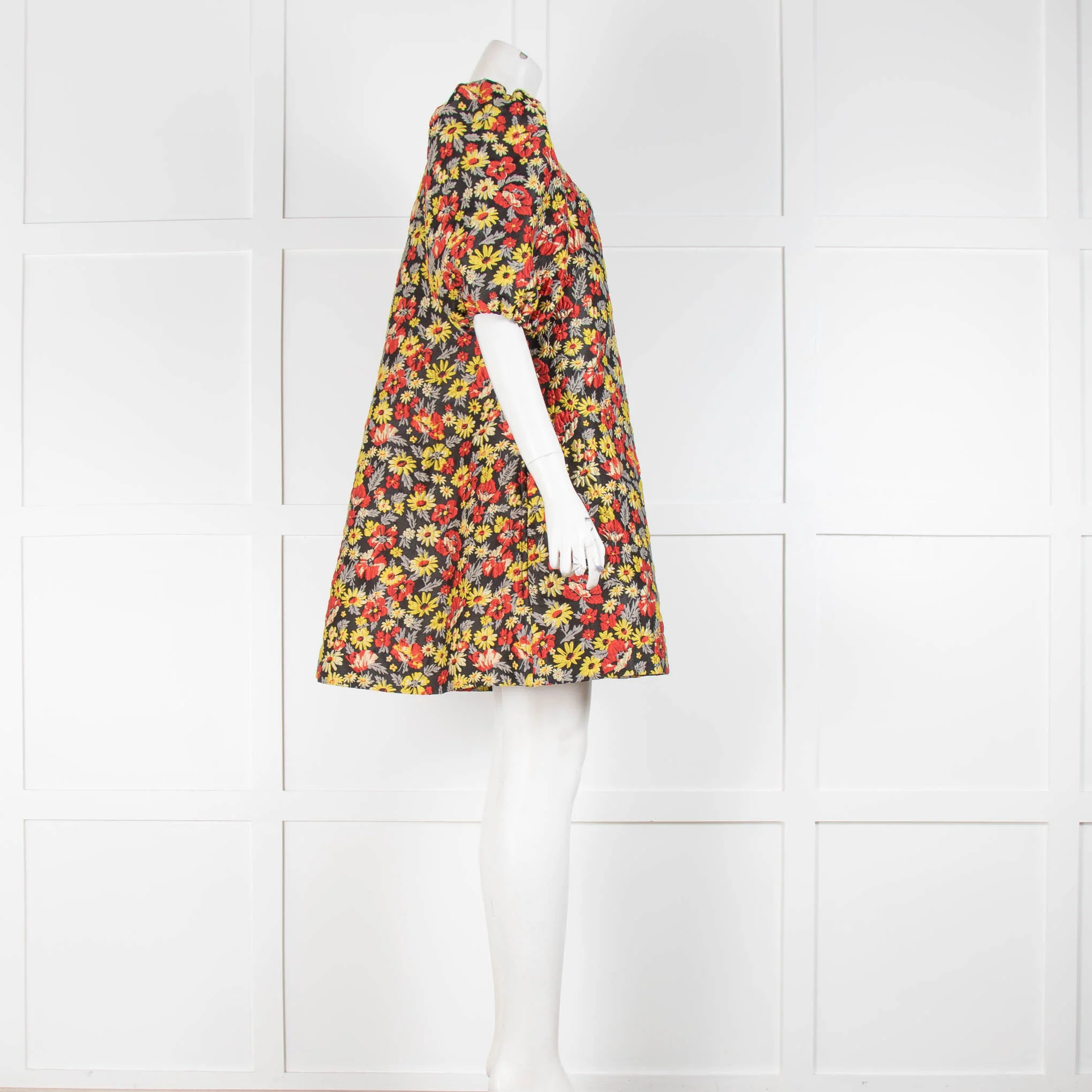 Ganni Black Yellow Floral Puffed Sleeves Mini Dress - Image 2