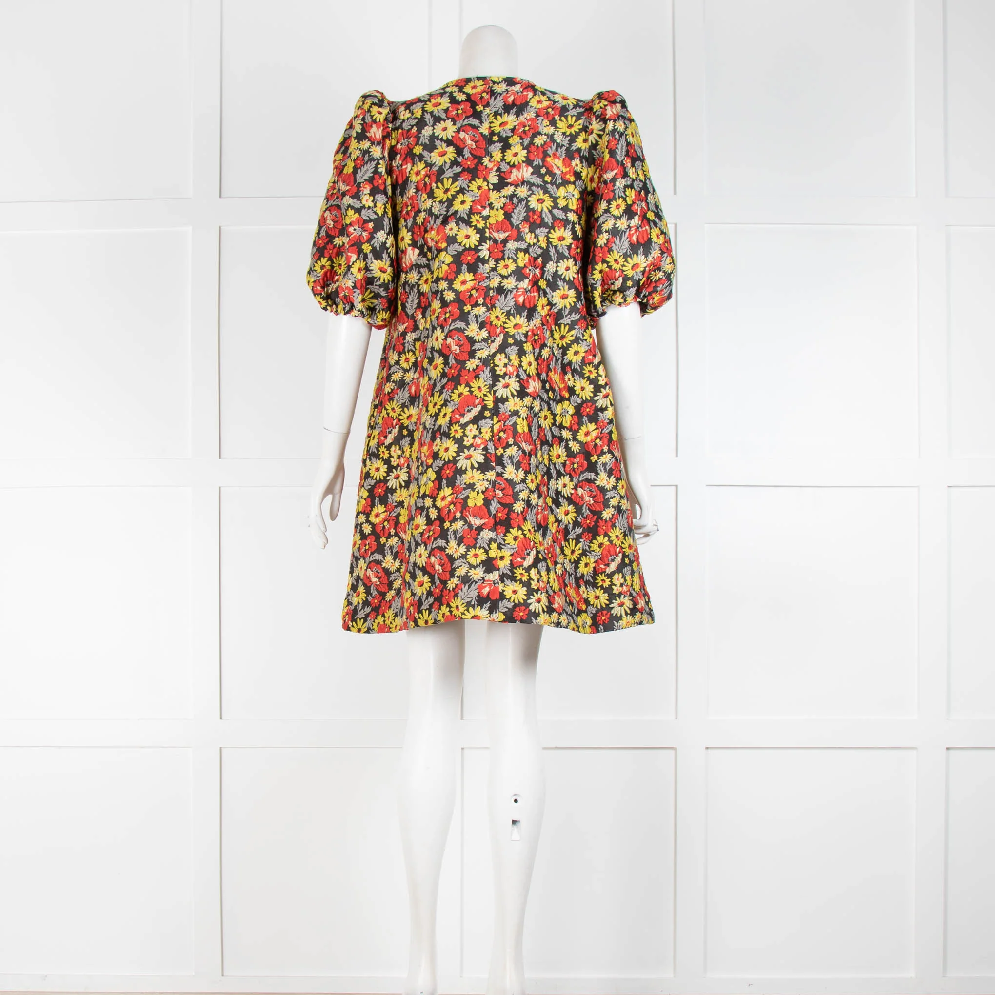 Ganni Black Yellow Floral Puffed Sleeves Mini Dress - Image 3
