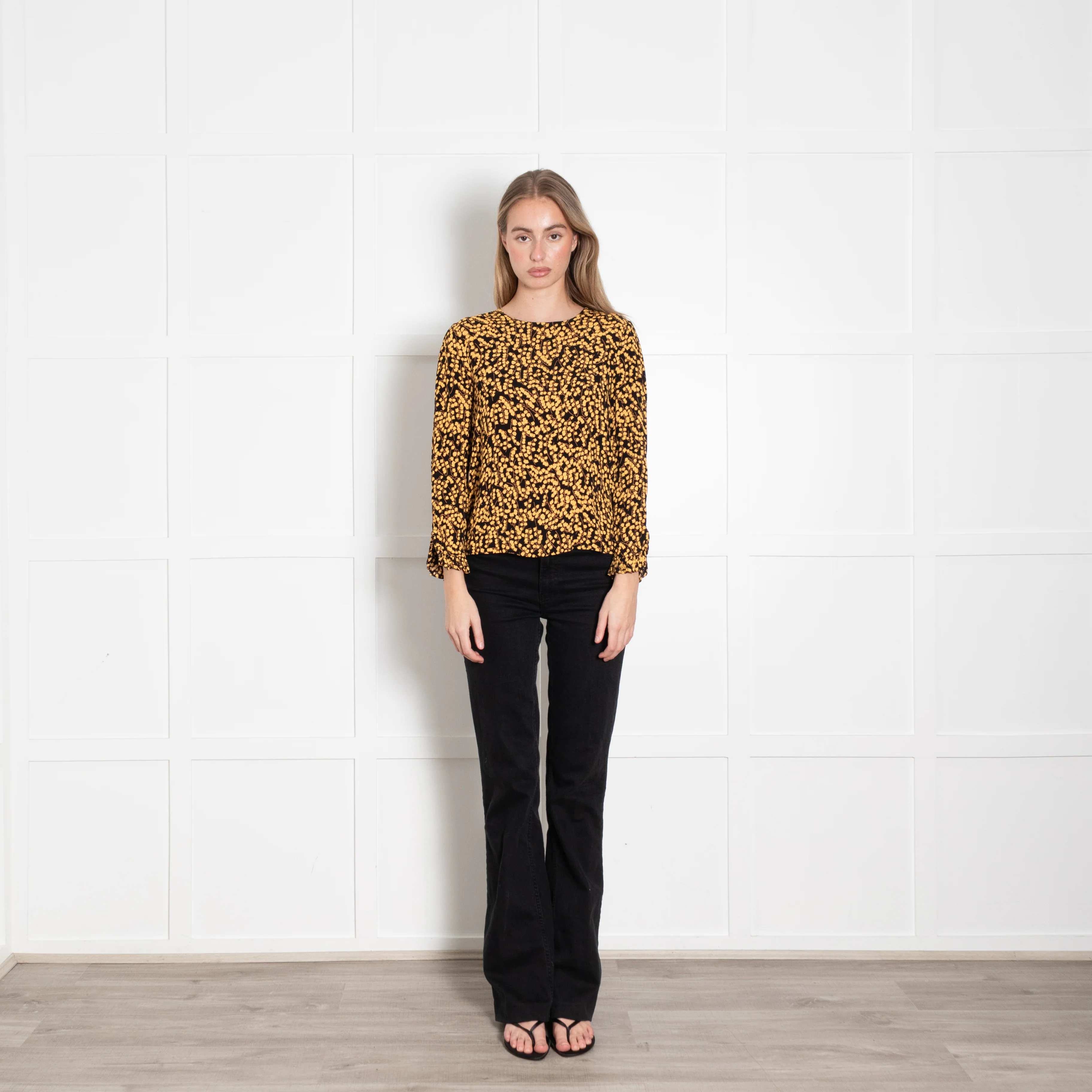 Ganni Black Yellow Flower Print Long Sleeved Top
