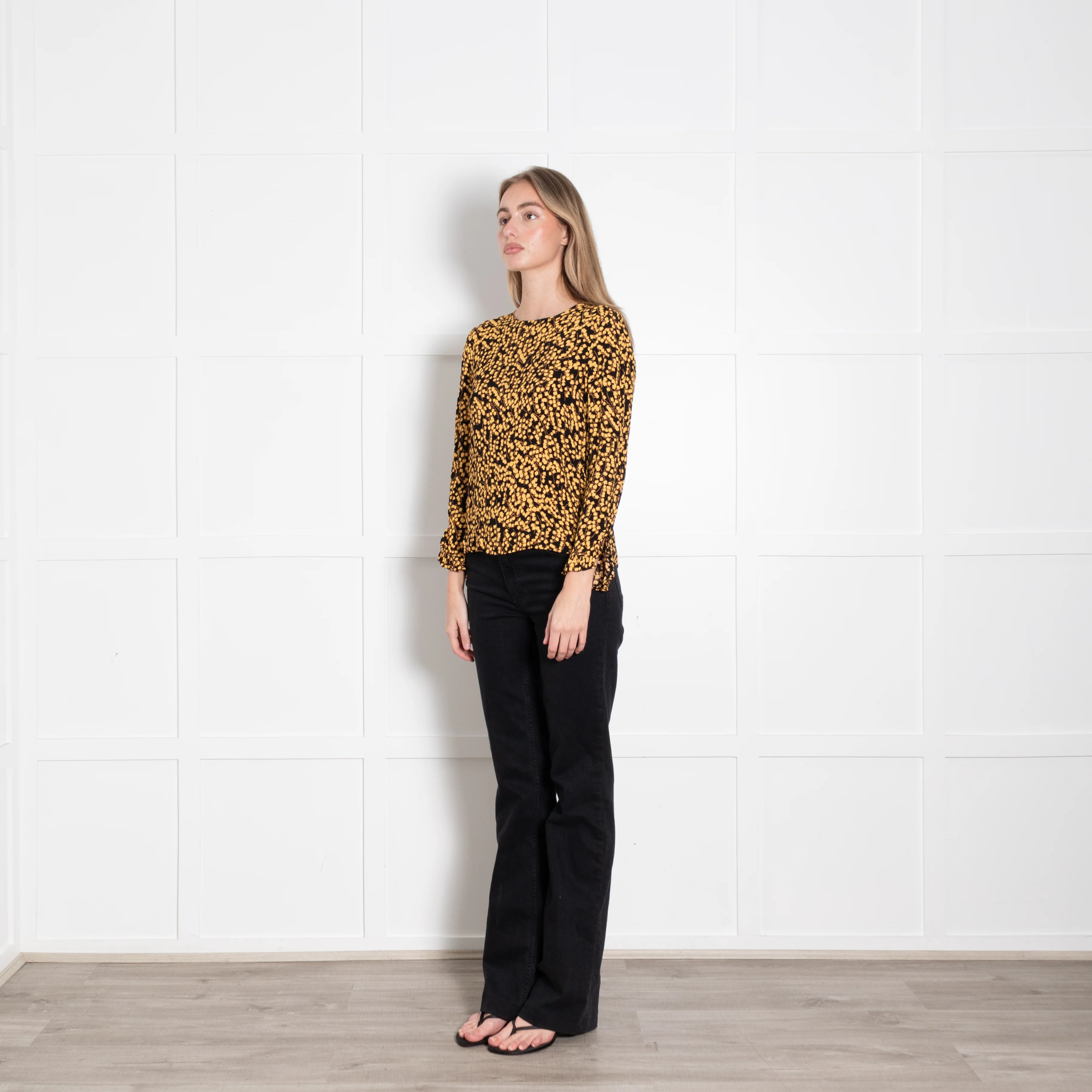 Ganni Black Yellow Flower Print Long Sleeved Top - Image 3