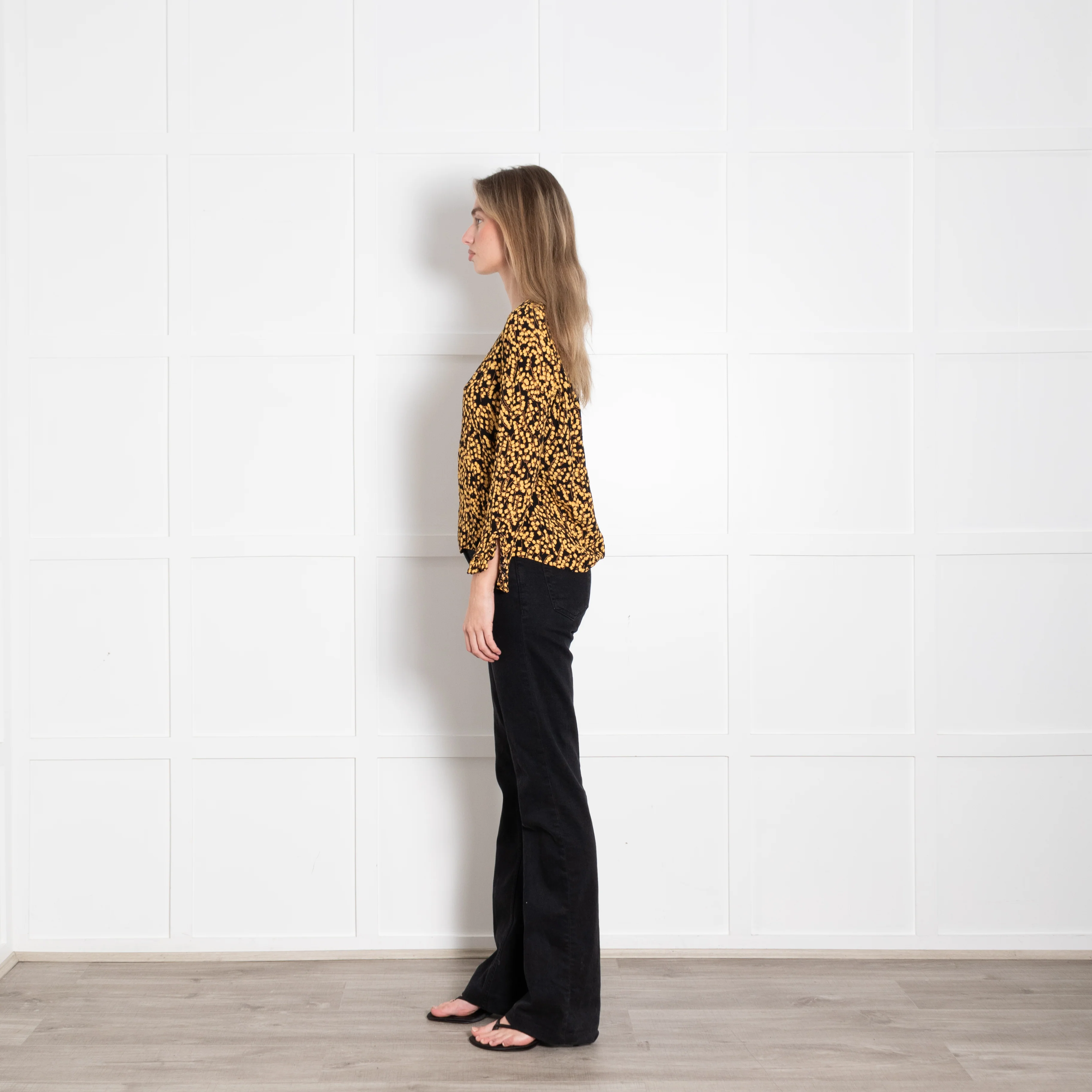 Ganni Black Yellow Flower Print Long Sleeved Top - Image 4