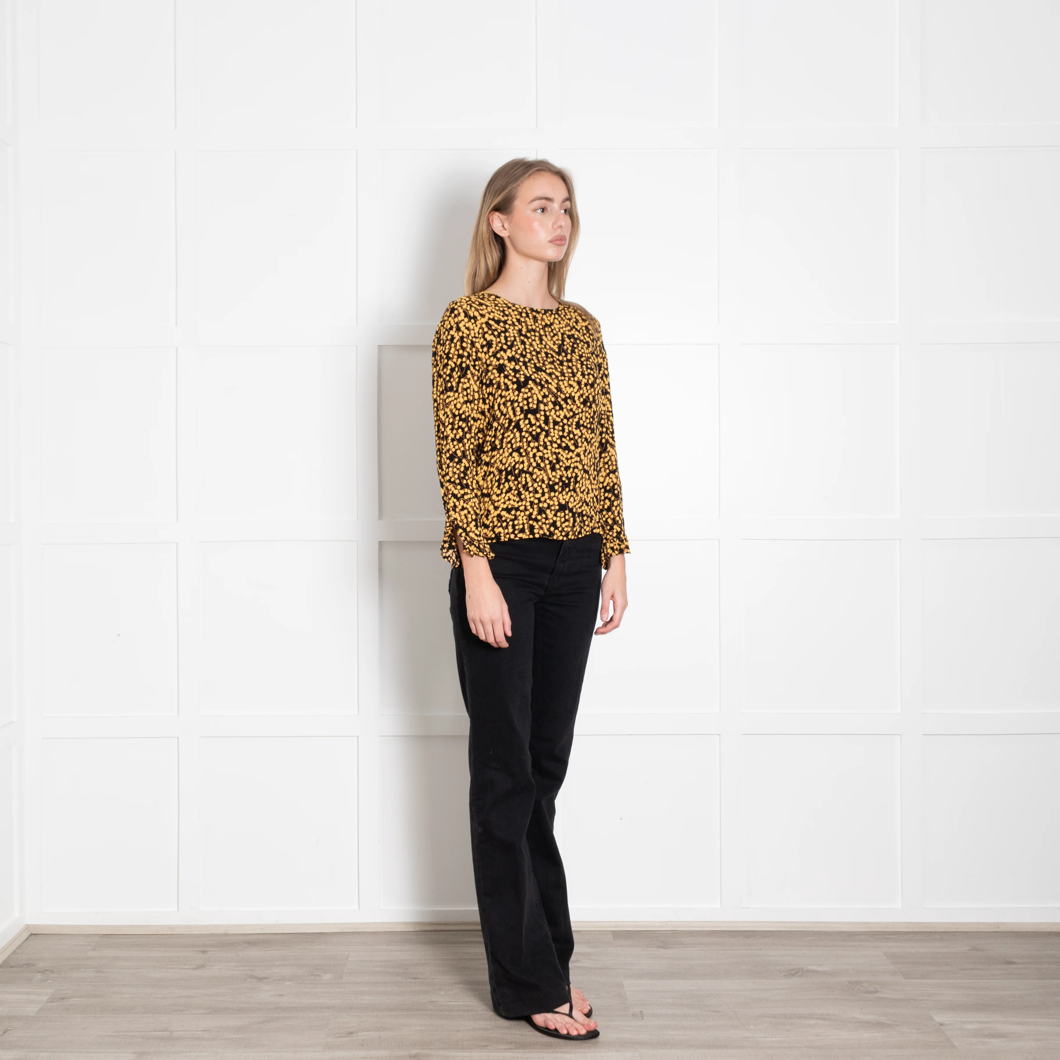 Ganni Black Yellow Flower Print Long Sleeved Top - Image 7