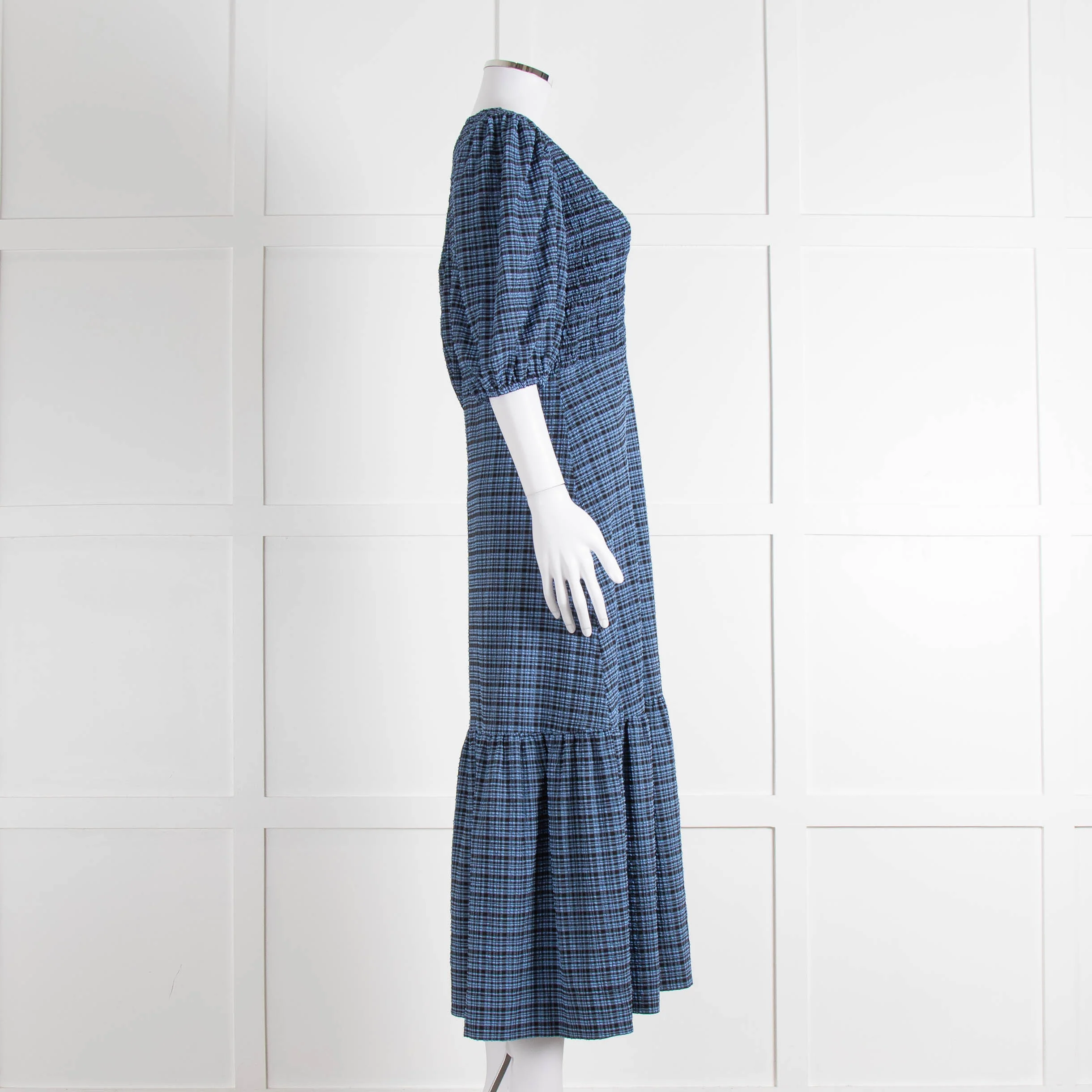 Ganni Blue Black Check Puff Sleeve Long Dress - Image 3