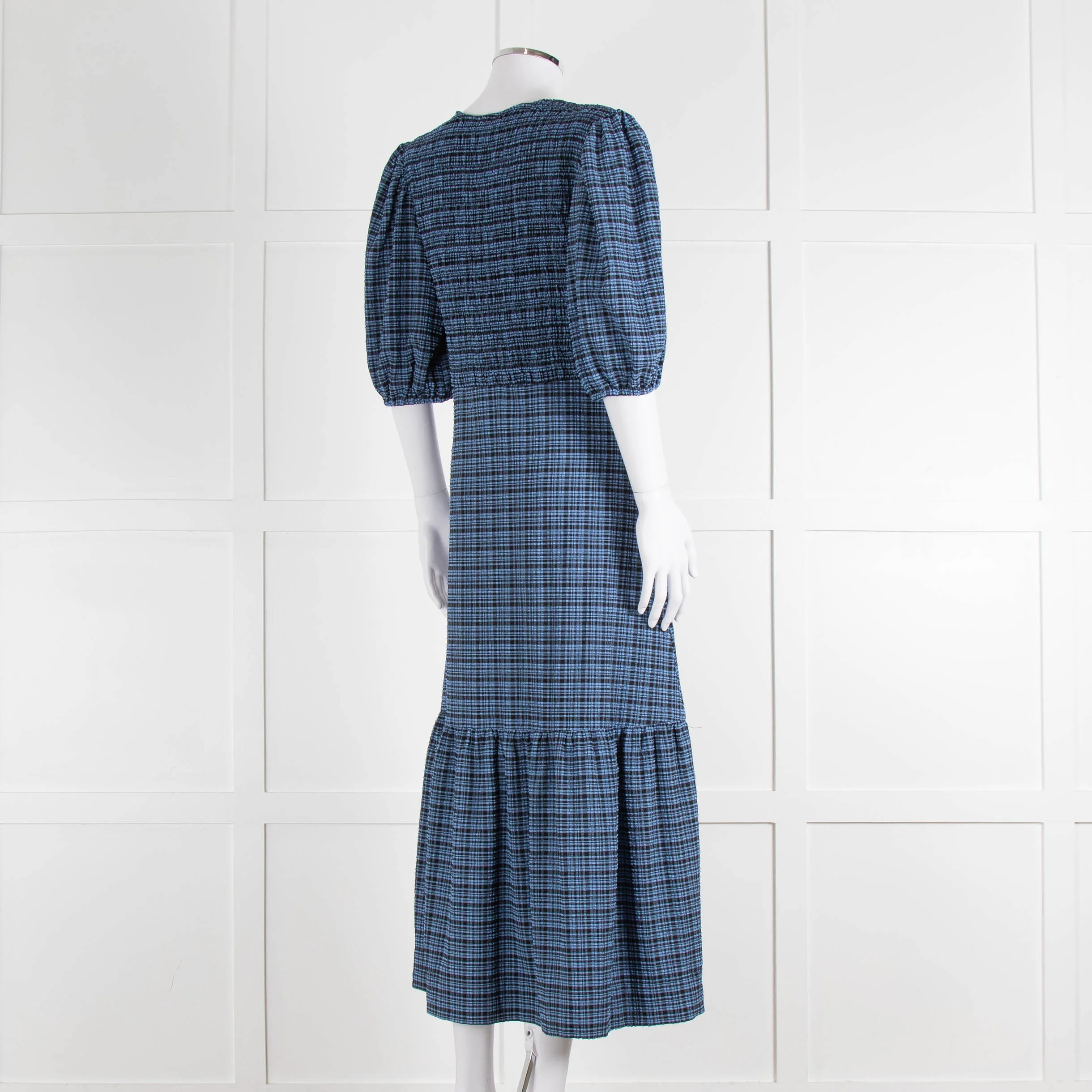 Ganni Blue Black Check Puff Sleeve Long Dress - Image 4