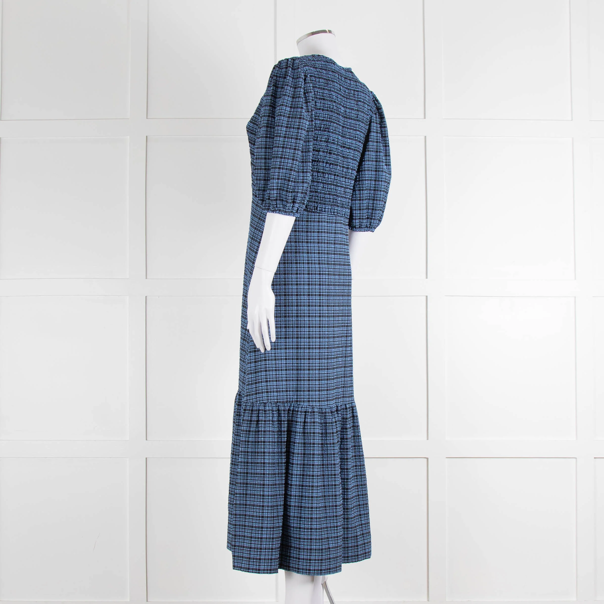 Ganni Blue Black Check Puff Sleeve Long Dress - Image 6