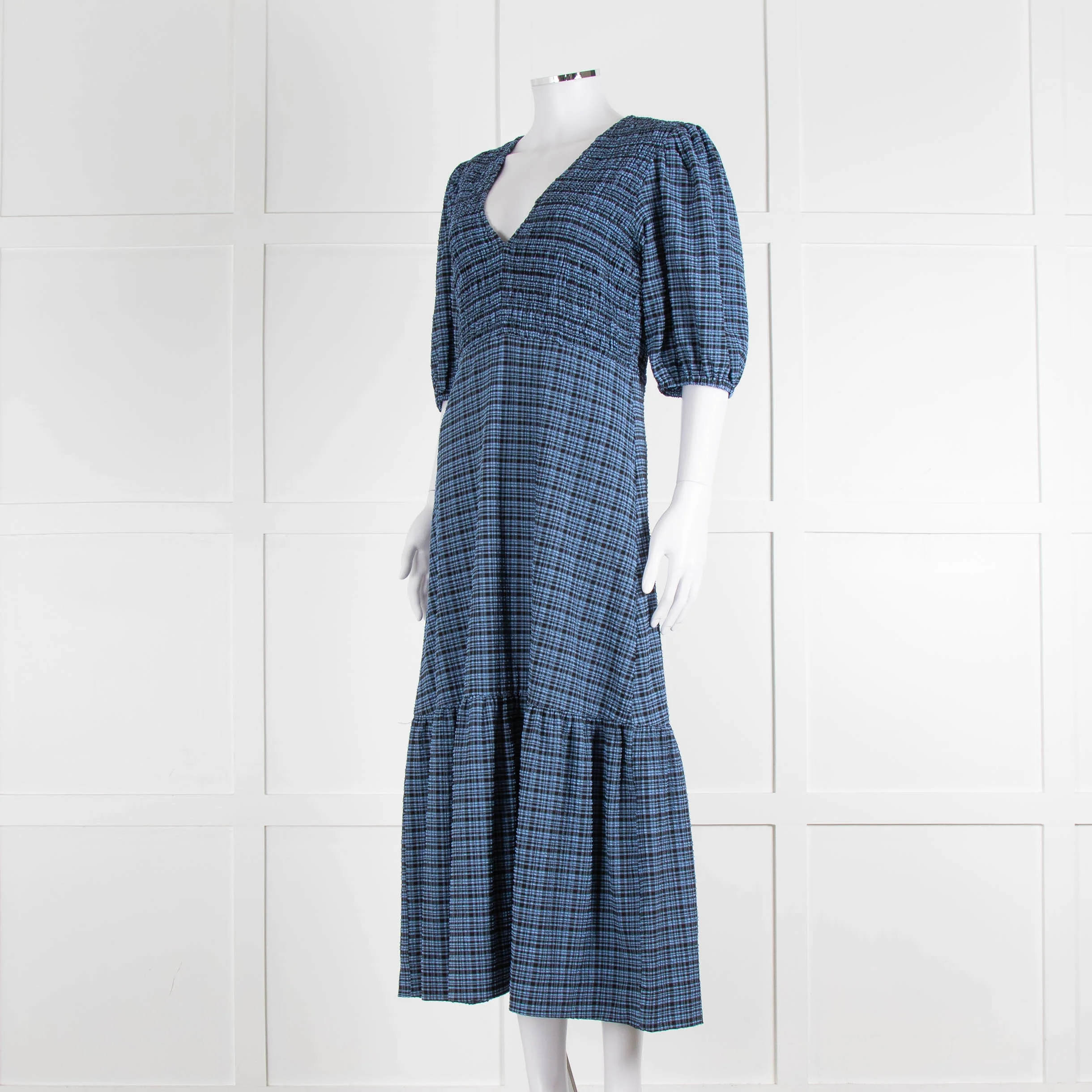 Ganni Blue Black Check Puff Sleeve Long Dress - Image 8