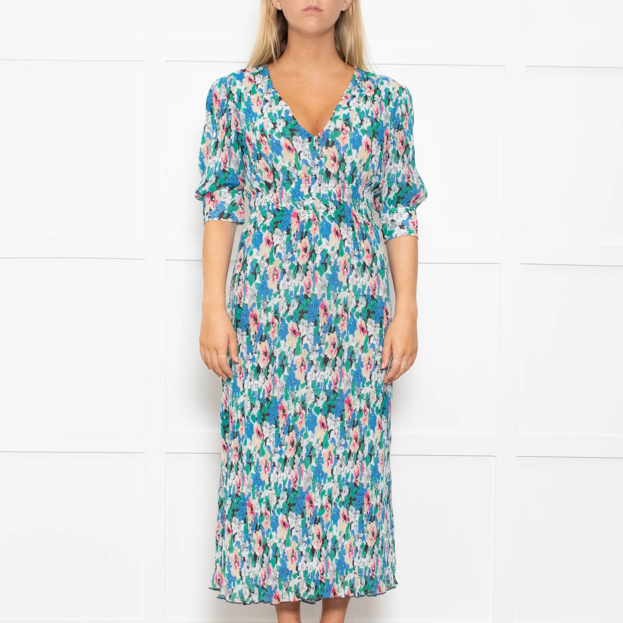 Ganni Blue, Green and Pink Plisse Puff Shoulder Midi Dress - Image 2