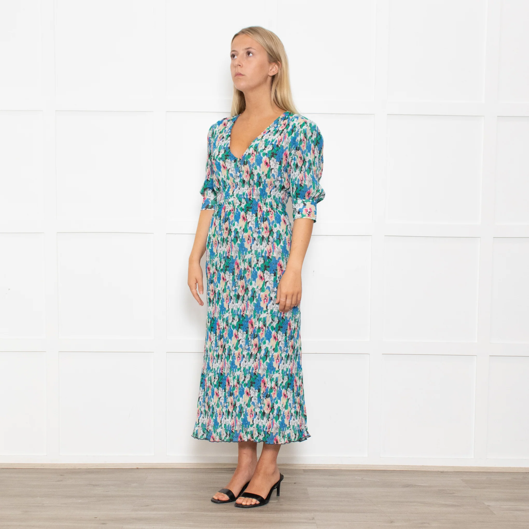 Ganni Blue, Green and Pink Plisse Puff Shoulder Midi Dress - Image 3