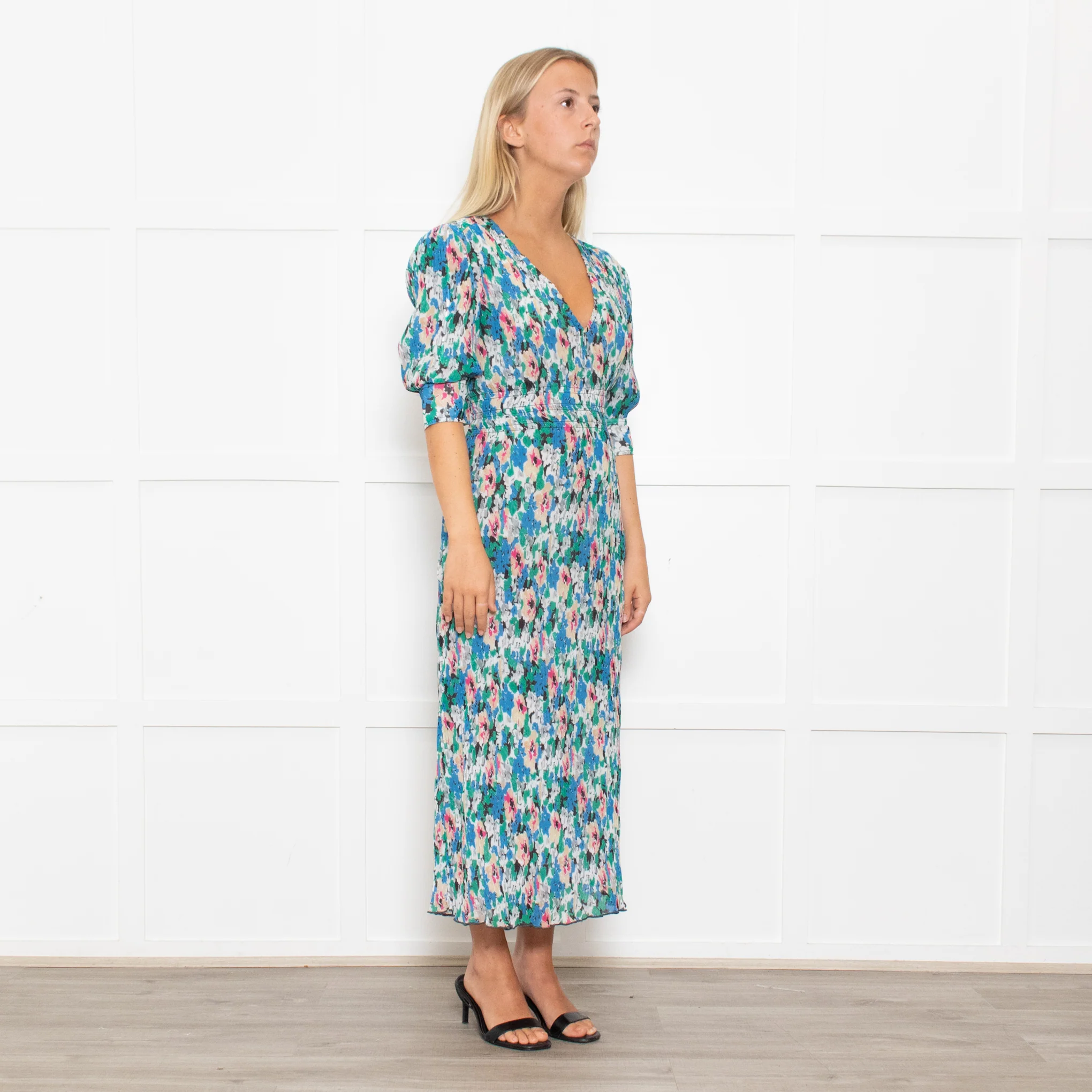 Ganni Blue, Green and Pink Plisse Puff Shoulder Midi Dress - Image 4