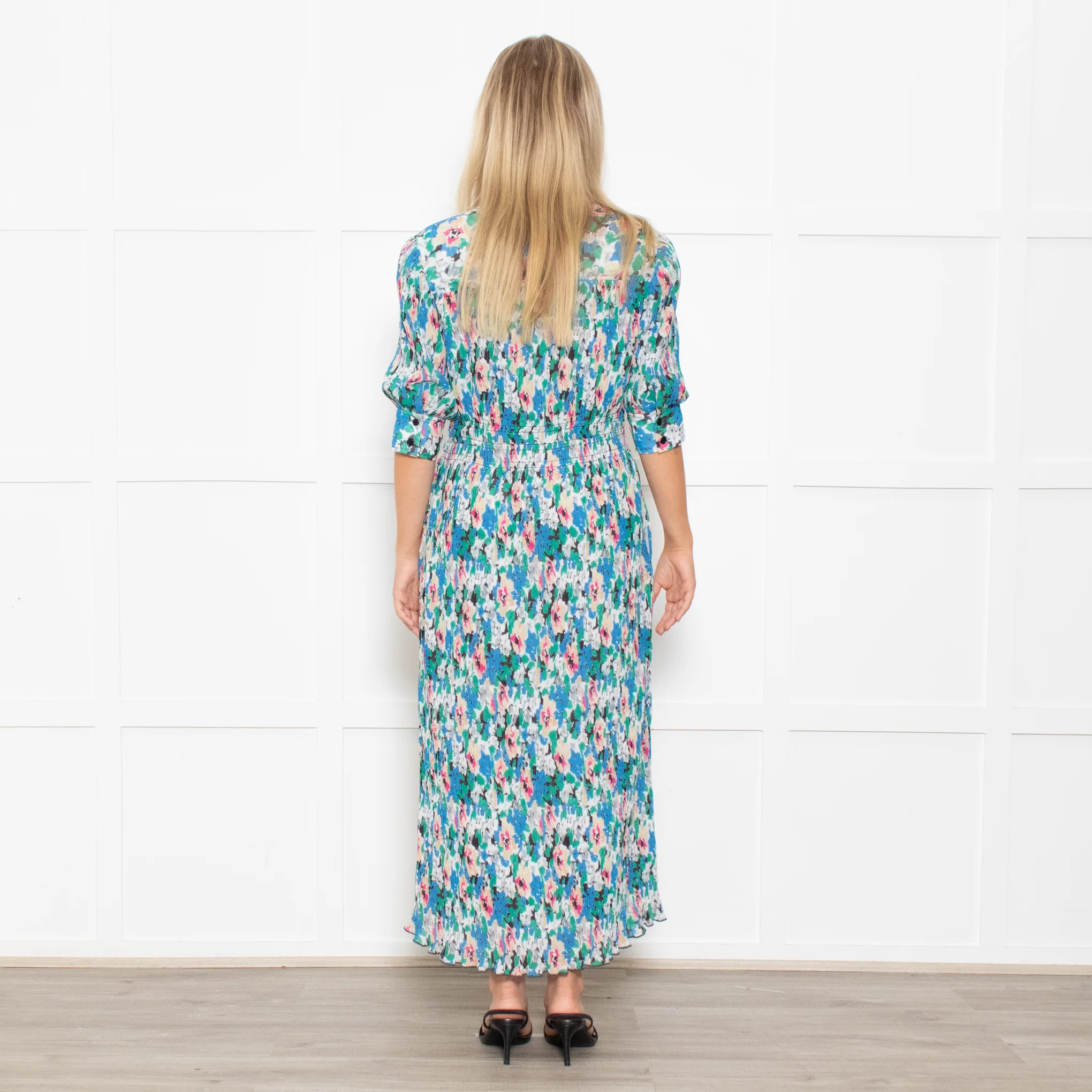 Ganni Blue, Green and Pink Plisse Puff Shoulder Midi Dress - Image 5