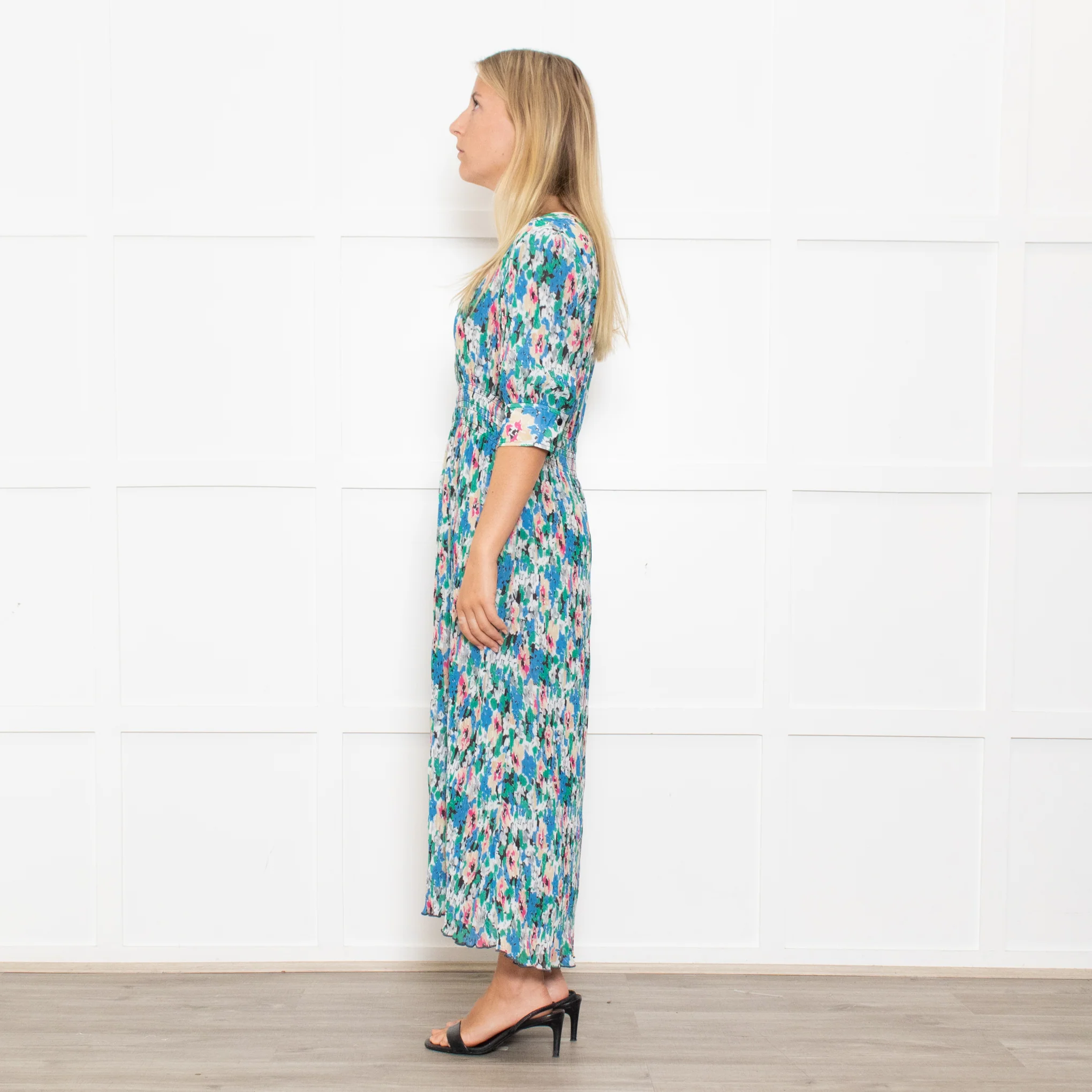 Ganni Blue, Green and Pink Plisse Puff Shoulder Midi Dress - Image 6
