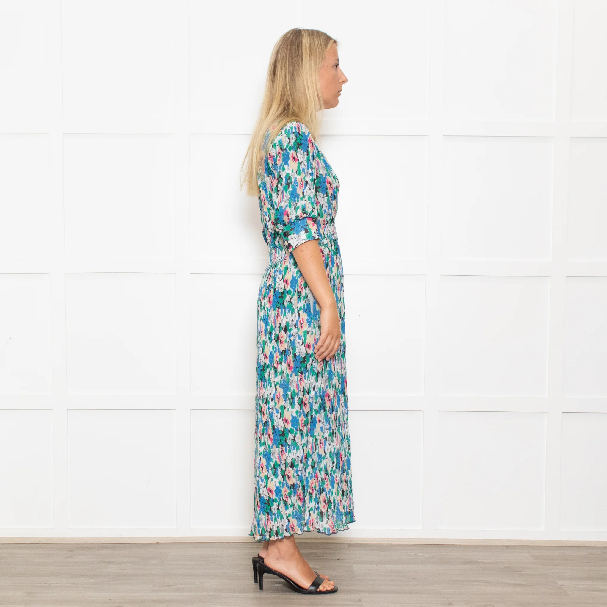 Ganni Blue, Green and Pink Plisse Puff Shoulder Midi Dress - Image 7