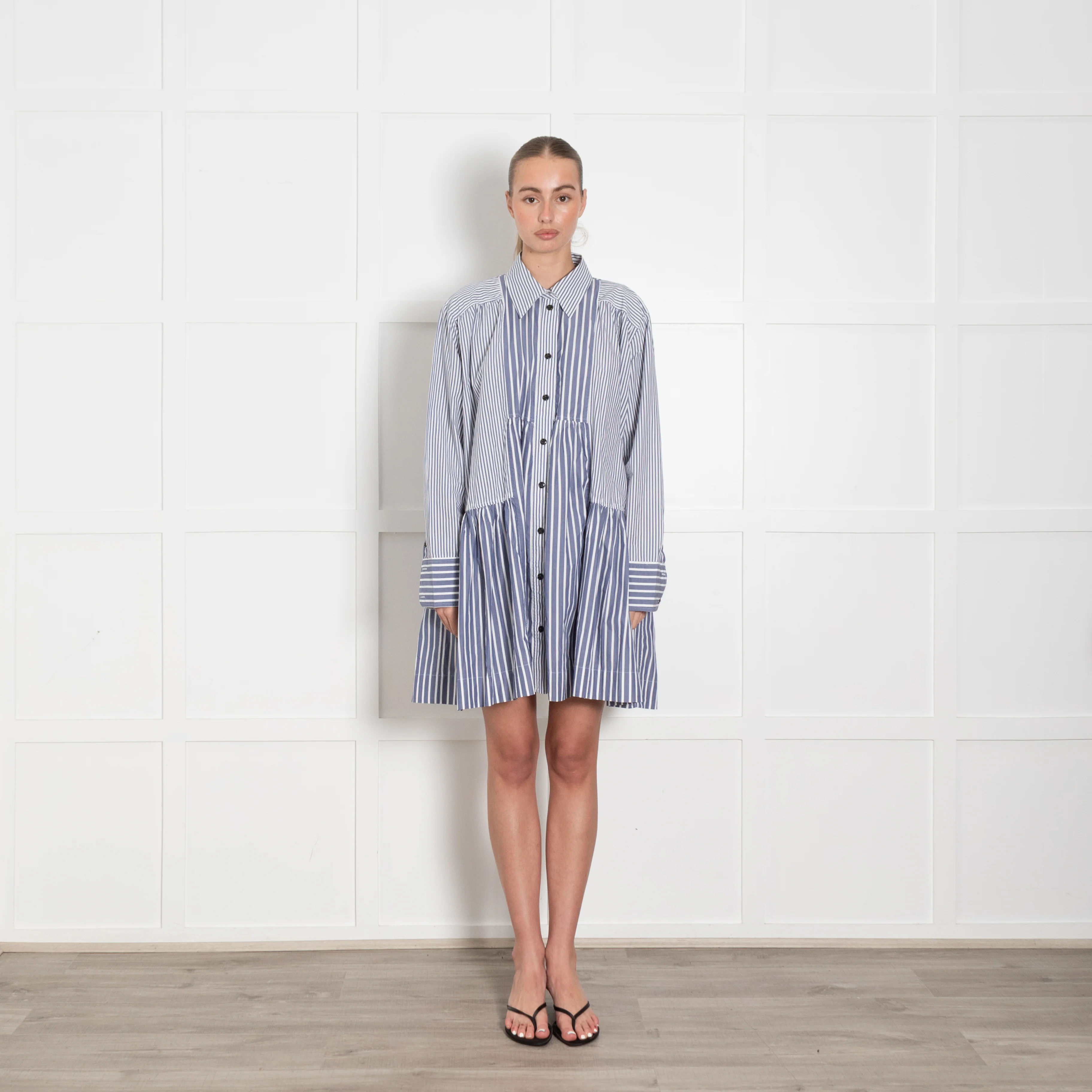Ganni Blue & White Striped Short Dress With Long Sleeves