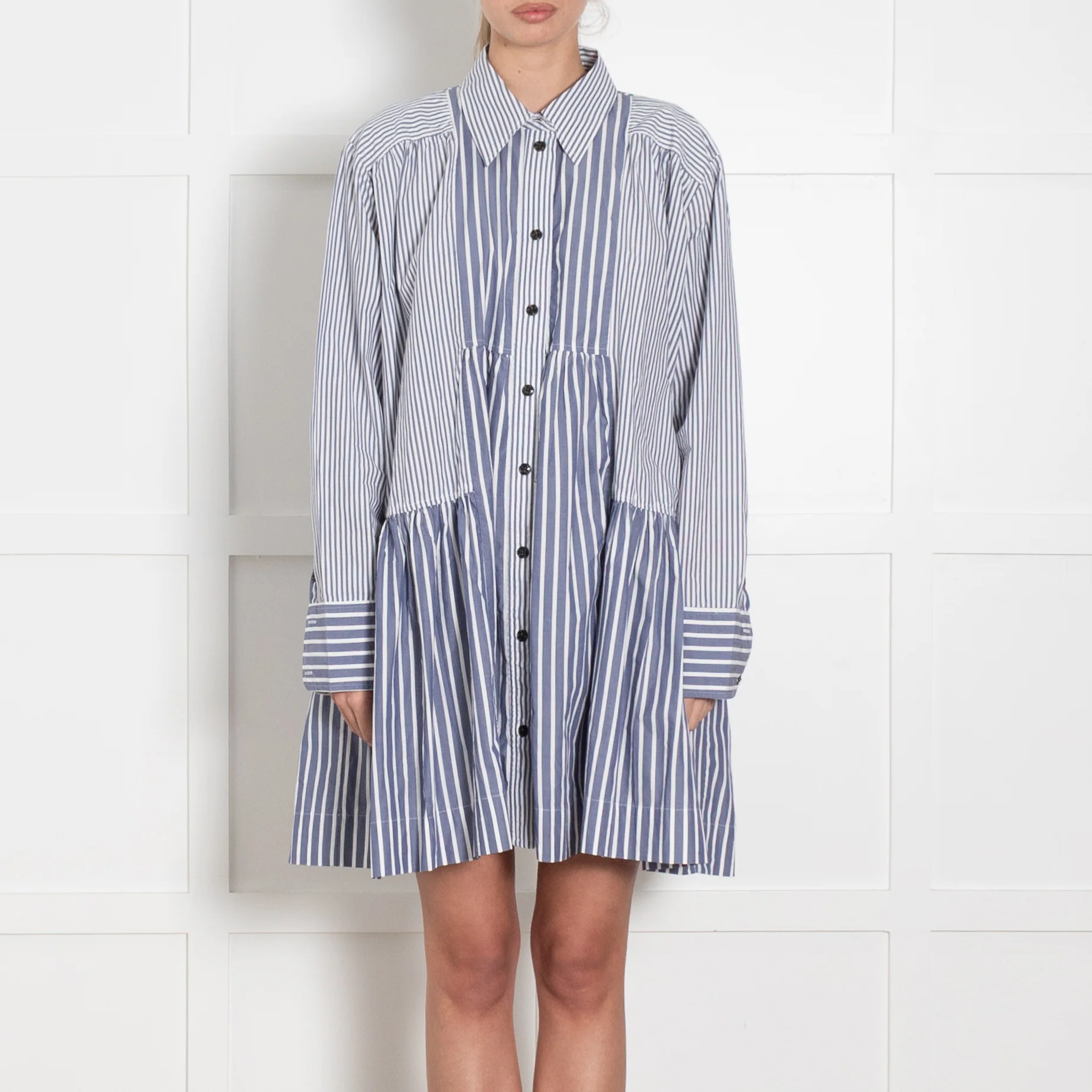 Ganni Blue & White Striped Short Dress With Long Sleeves - Image 2