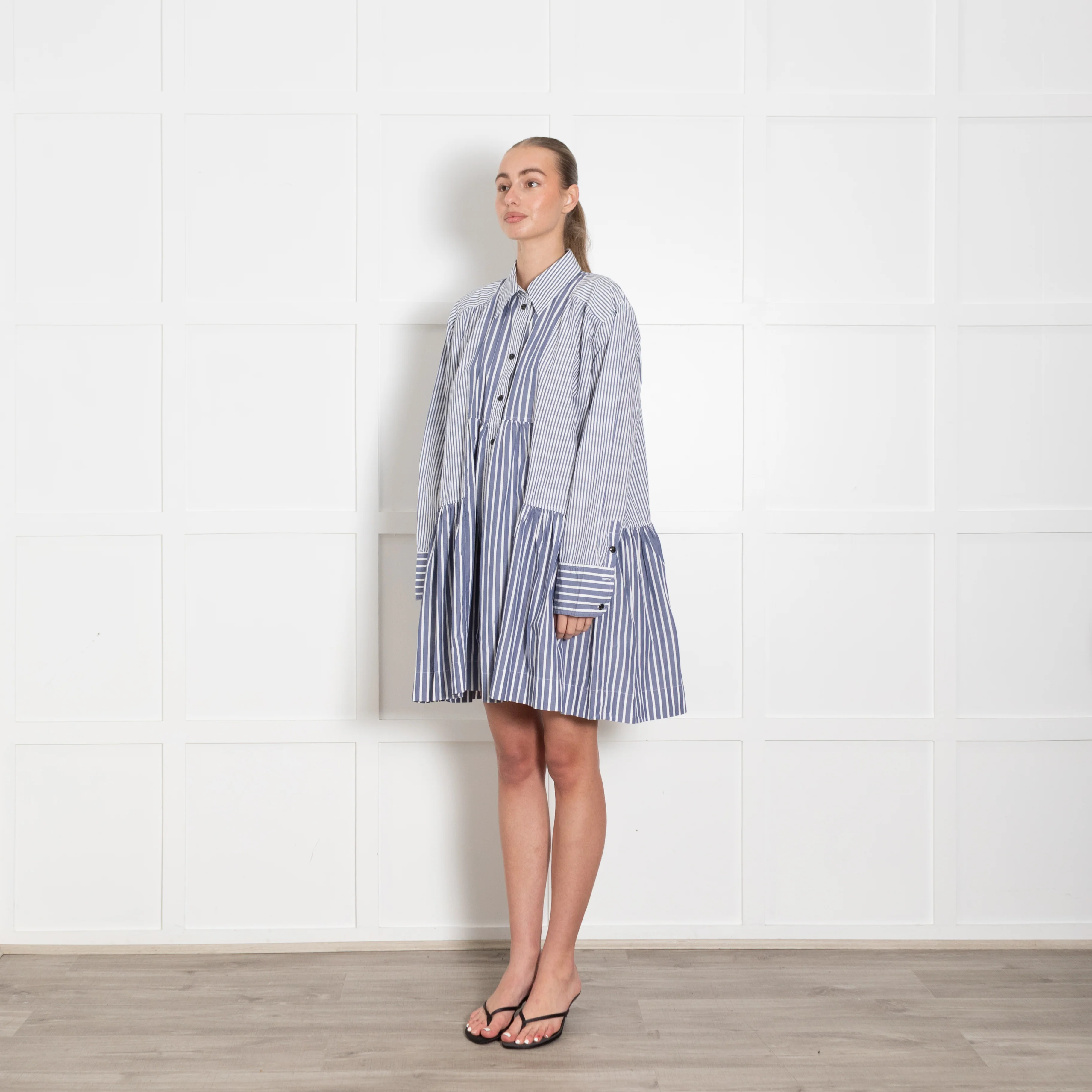 Ganni Blue & White Striped Short Dress With Long Sleeves - Image 3