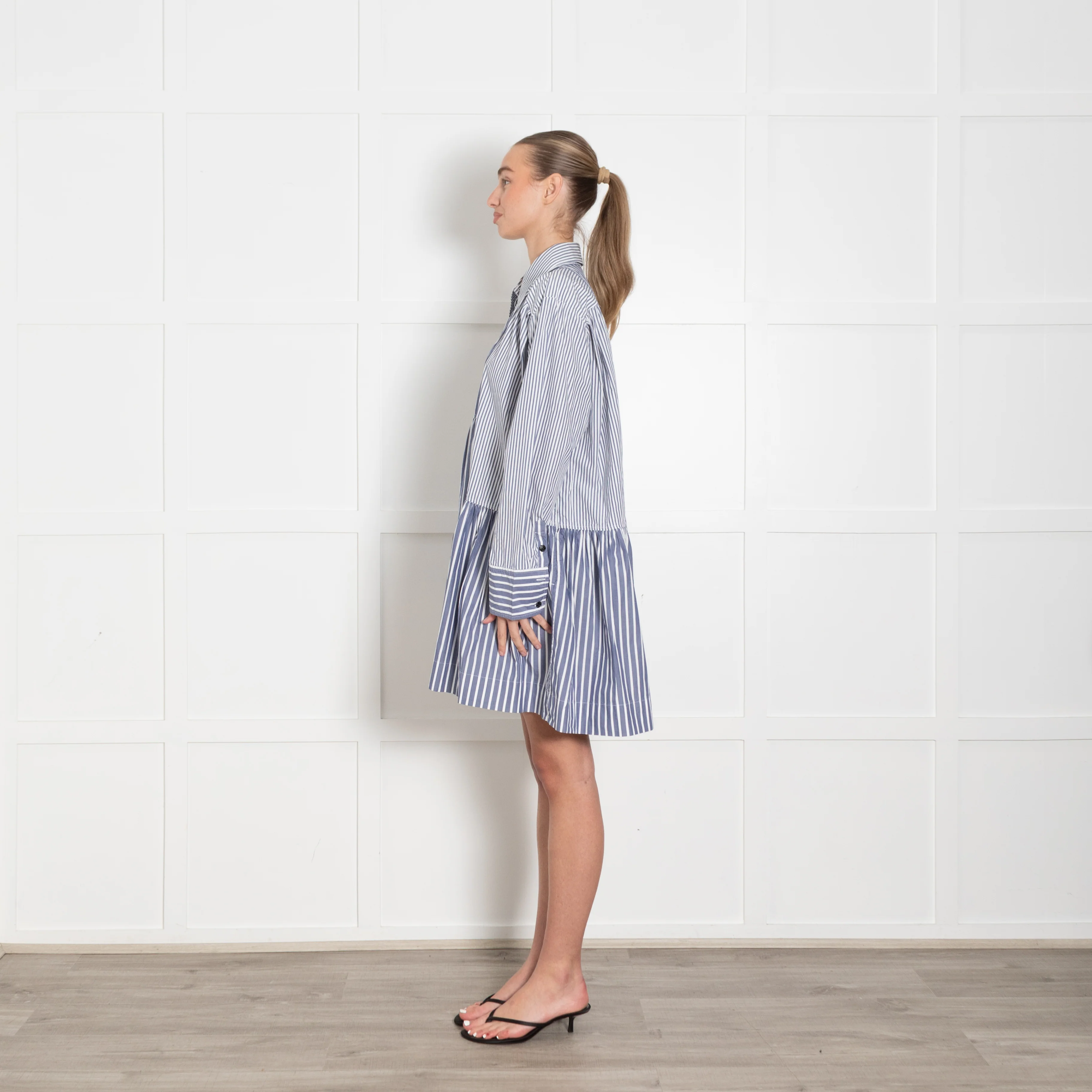 Ganni Blue & White Striped Short Dress With Long Sleeves - Image 4