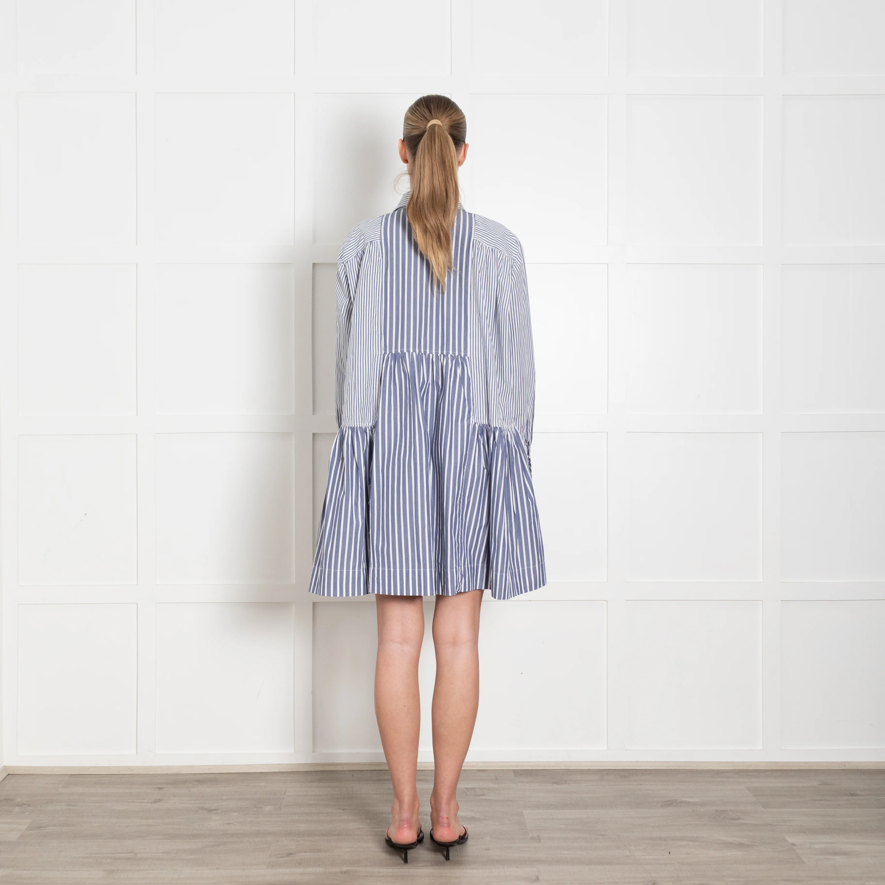 Ganni Blue & White Striped Short Dress With Long Sleeves - Image 5