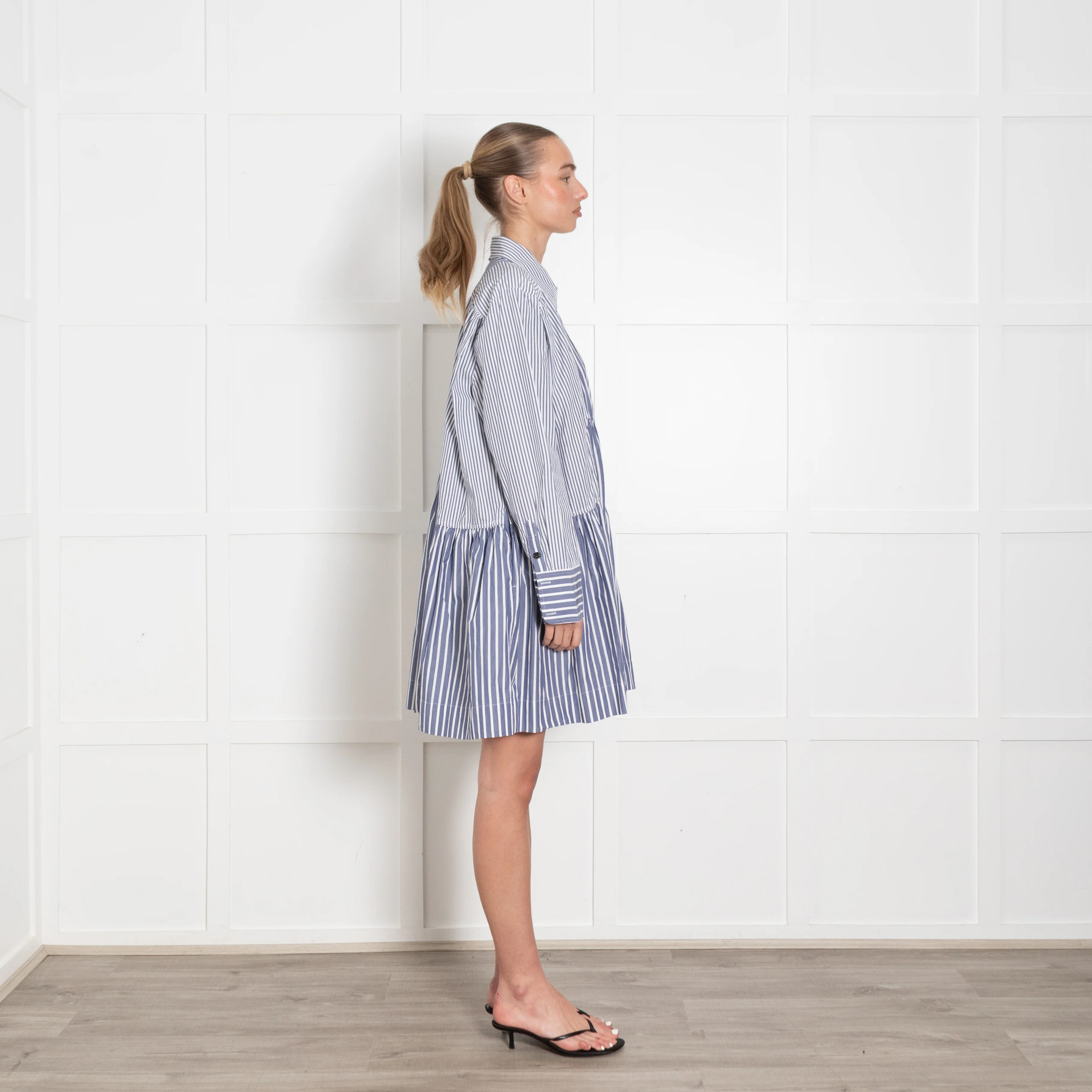 Ganni Blue & White Striped Short Dress With Long Sleeves - Image 6