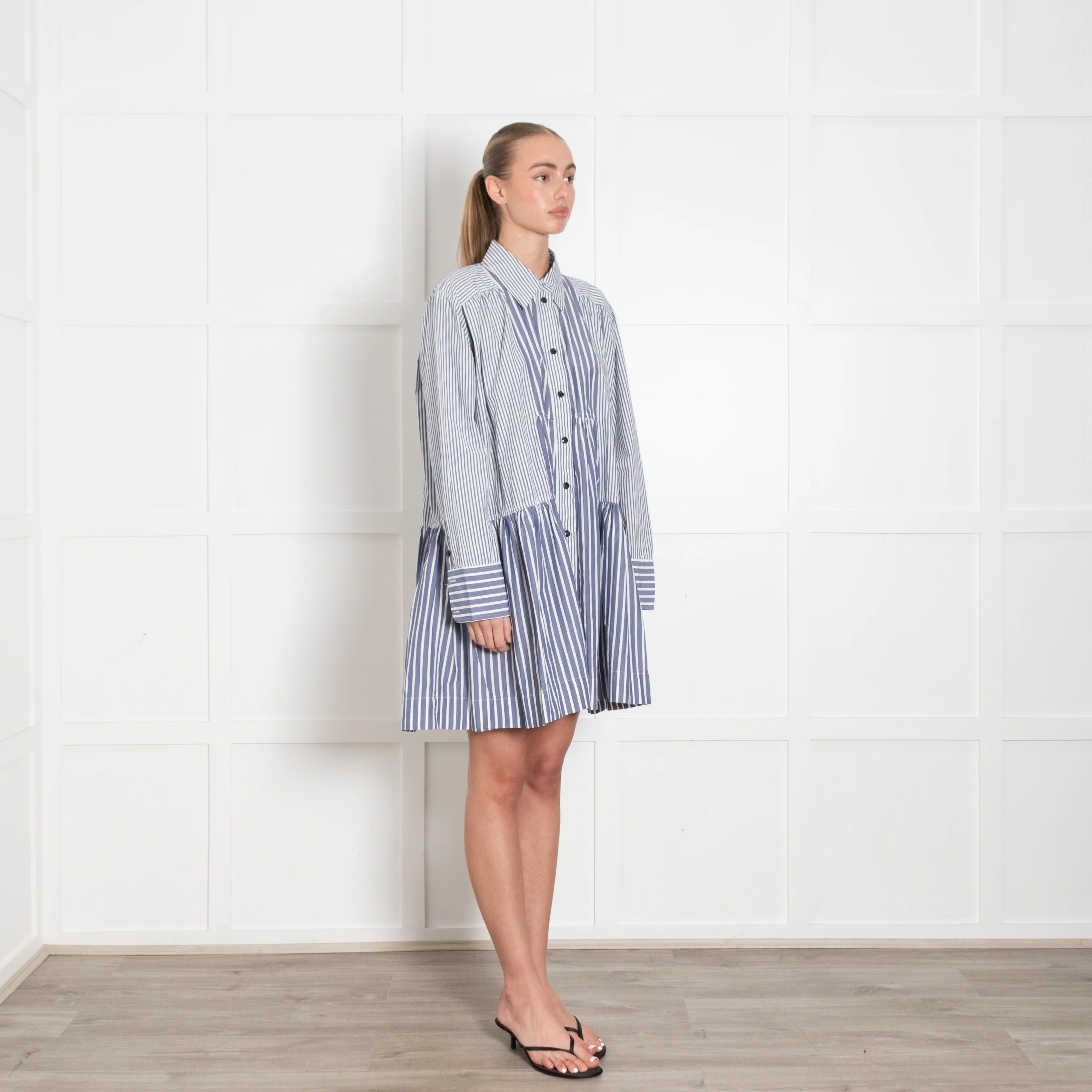 Ganni Blue & White Striped Short Dress With Long Sleeves - Image 7
