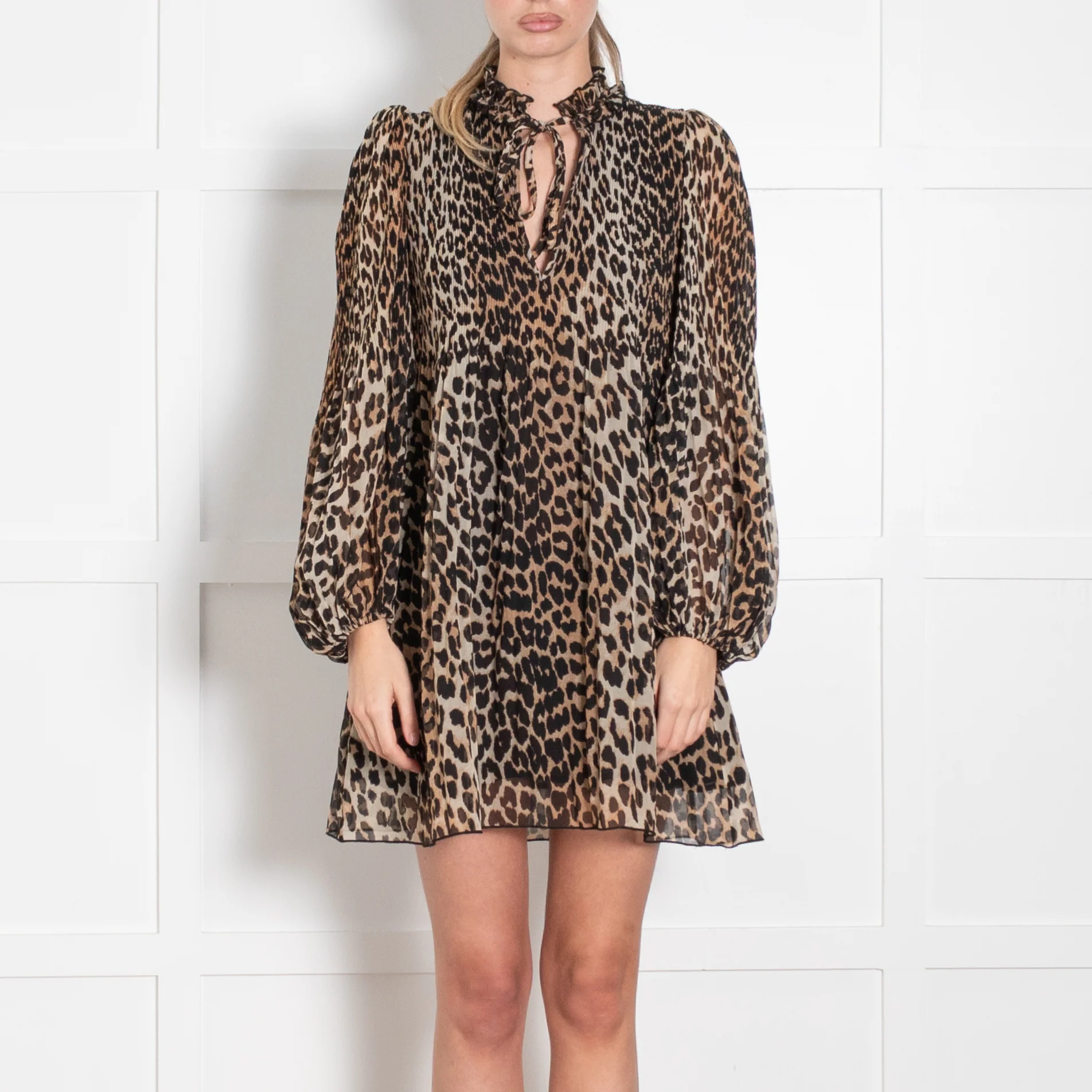 Ganni Brown Animal Print Pleated Detail Long Sleeve Dress - Image 2
