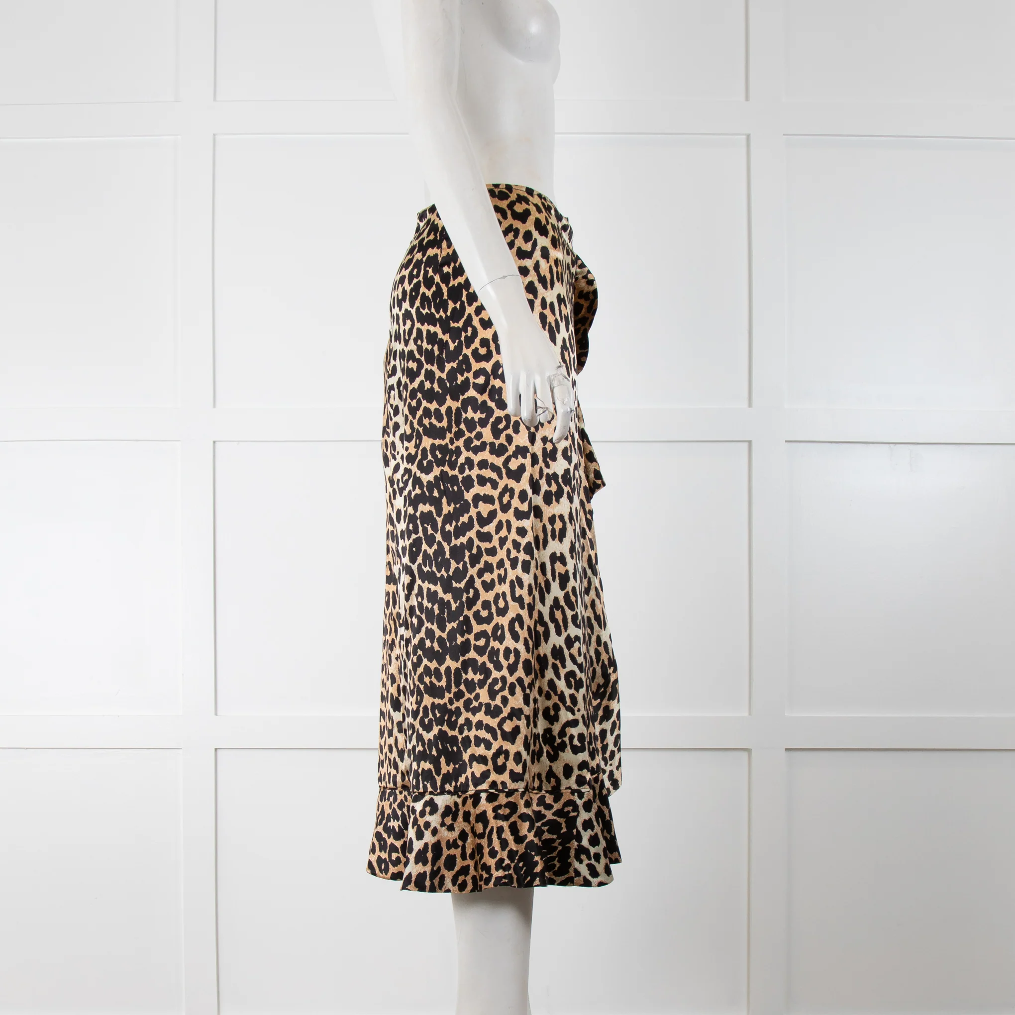 Ganni Brown Animal Print Satin Frill Trim Midi Skirt - Image 2