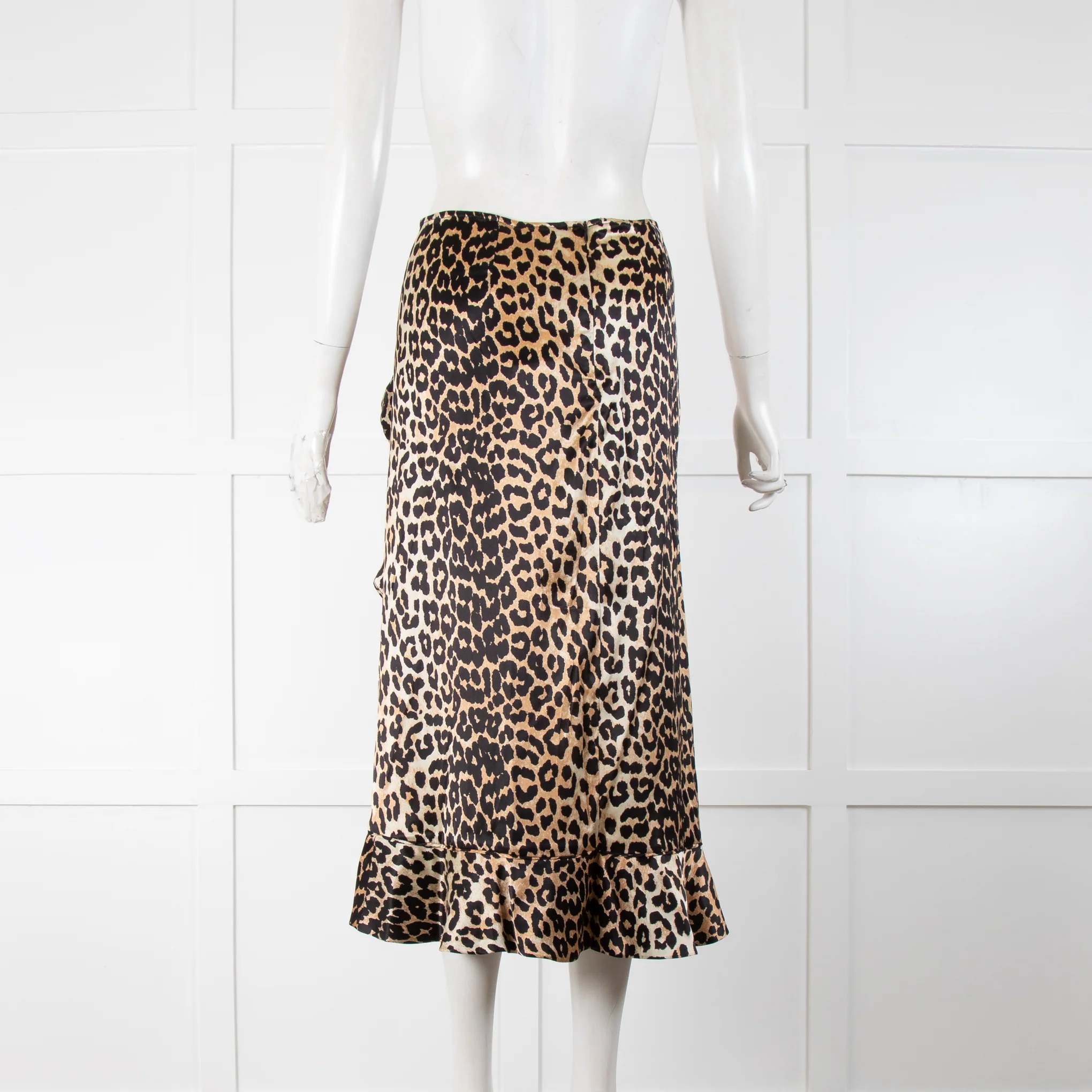 Ganni Brown Animal Print Satin Frill Trim Midi Skirt - Image 3