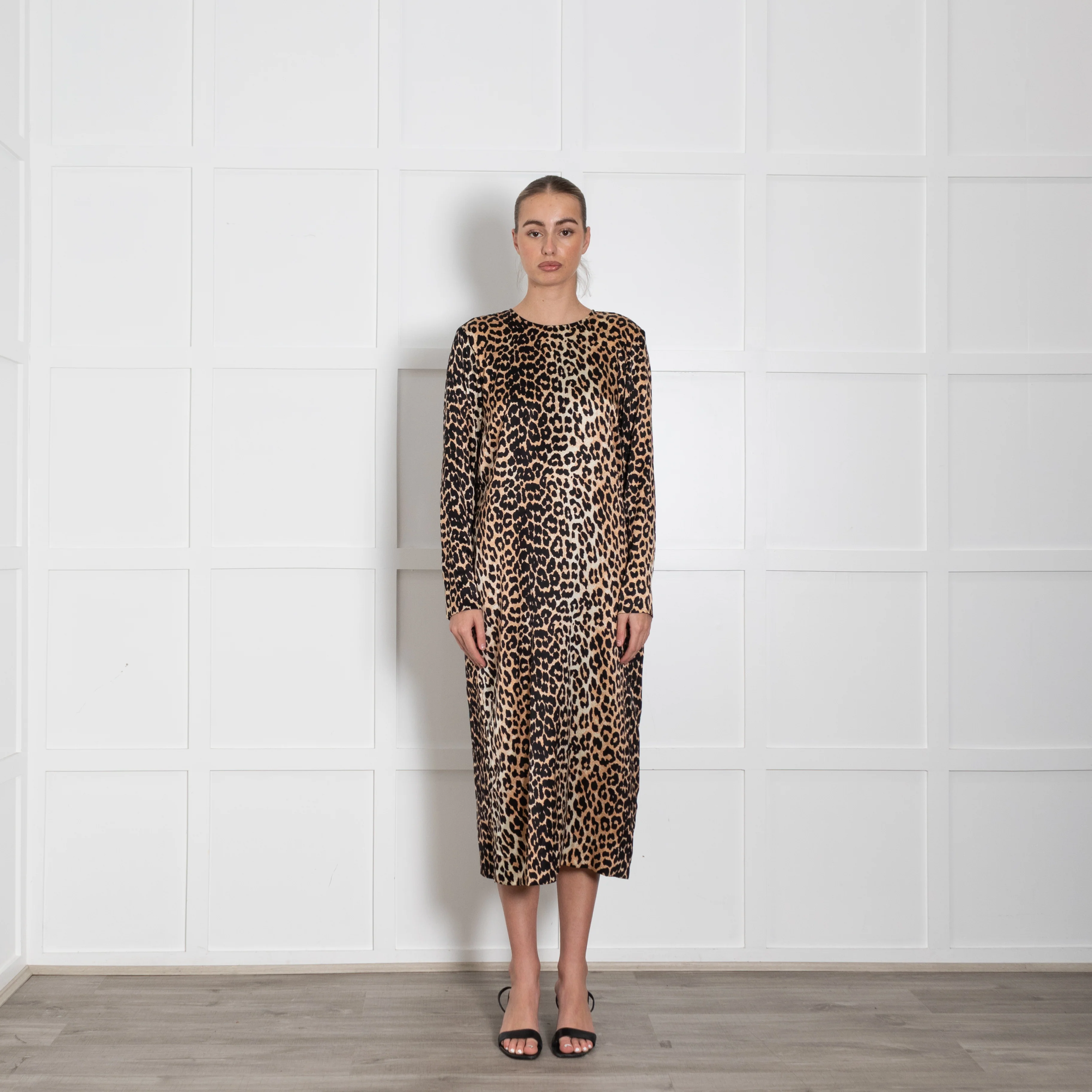 Ganni Brown Animal Print Silk Long Sleeve Dress