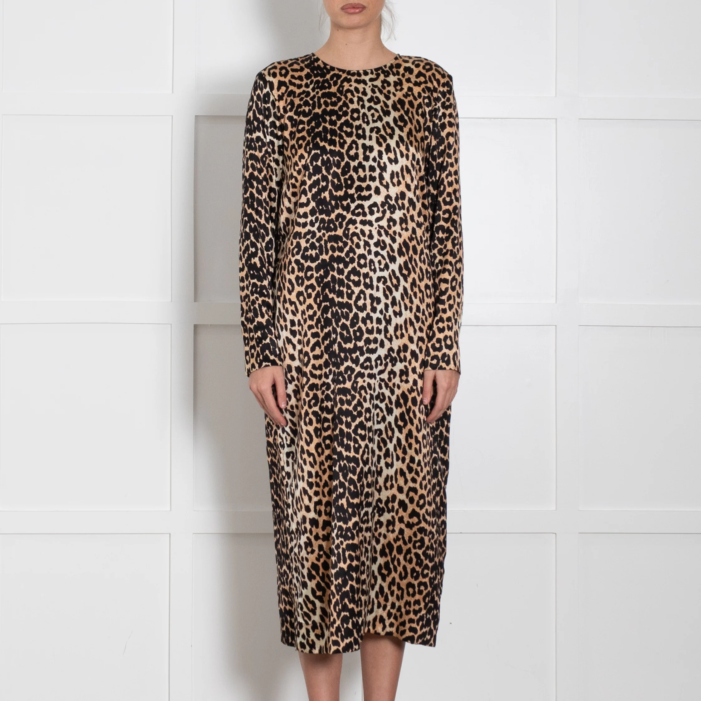 Ganni Brown Animal Print Silk Long Sleeve Dress - Image 2