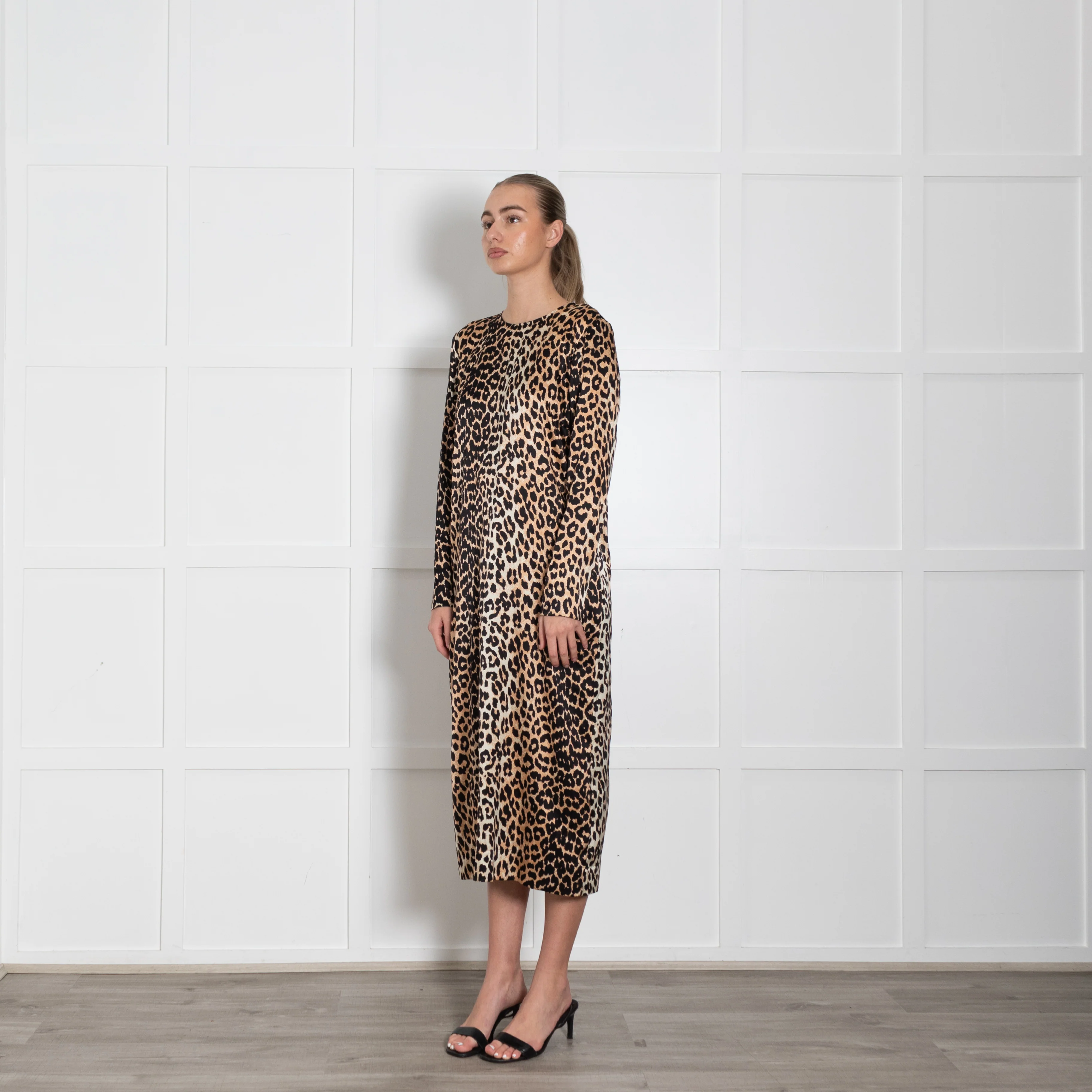Ganni Brown Animal Print Silk Long Sleeve Dress - Image 3