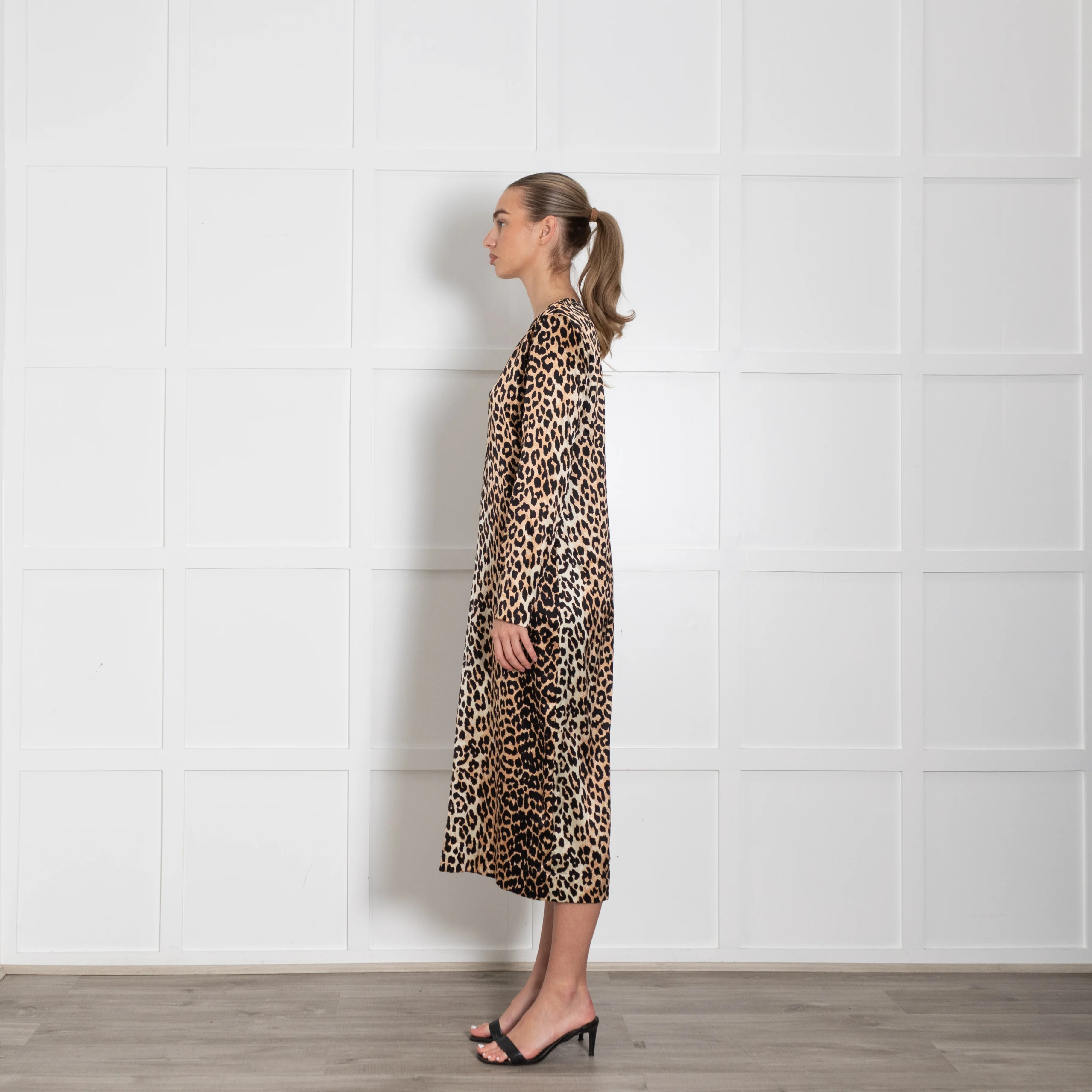 Ganni Brown Animal Print Silk Long Sleeve Dress - Image 4
