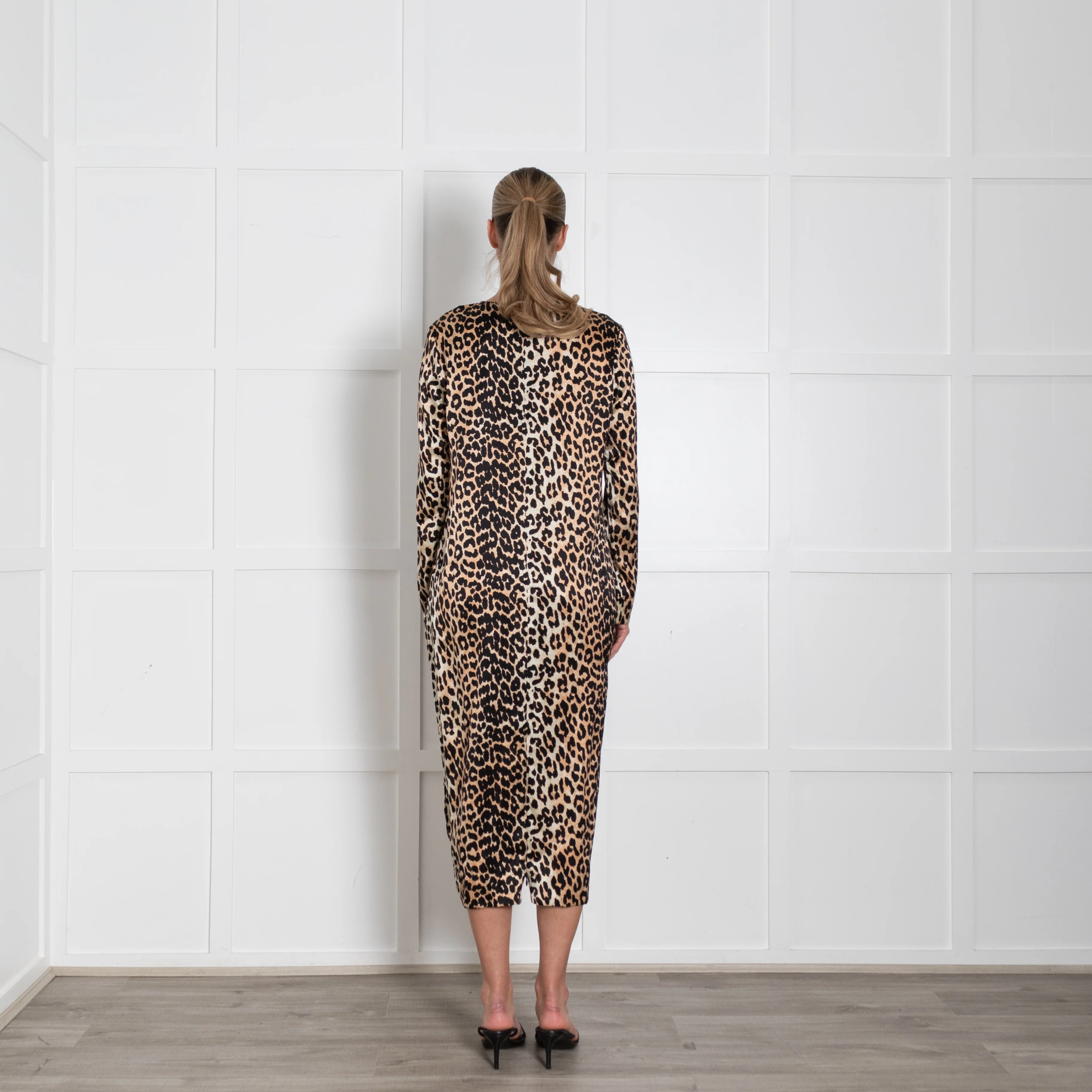 Ganni Brown Animal Print Silk Long Sleeve Dress - Image 5